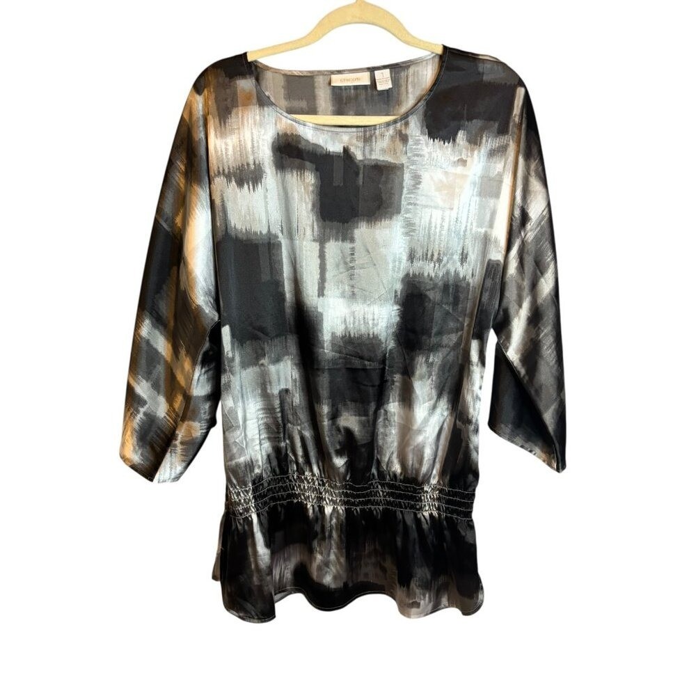 Chico’s Blouse Women’s Medium Scoop Neck Smocked Black Gray White Chicos 1