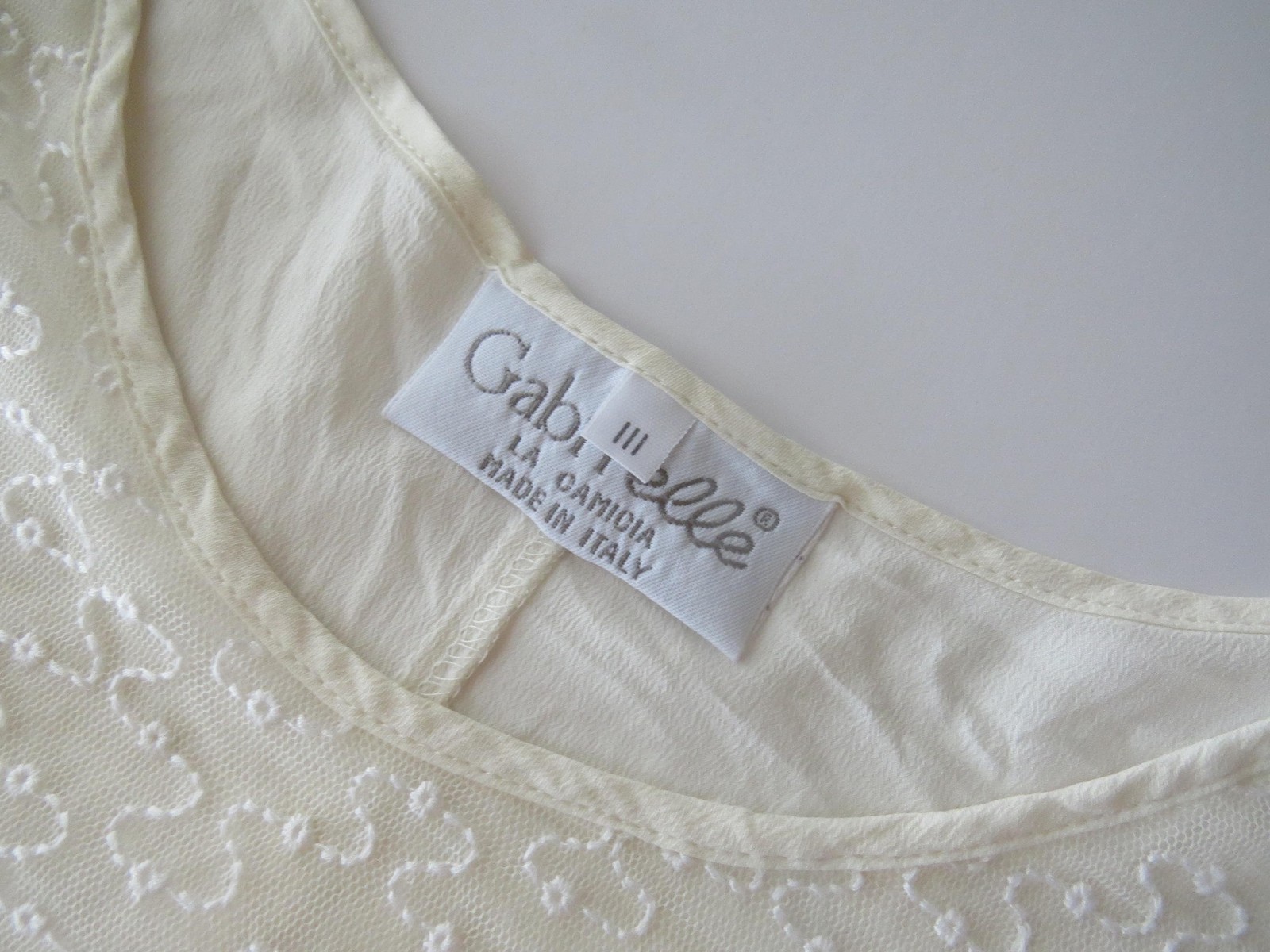 Gabrielle La Camicia Cream Silk Blend Top with Mesh Embroidery, Made in Italy