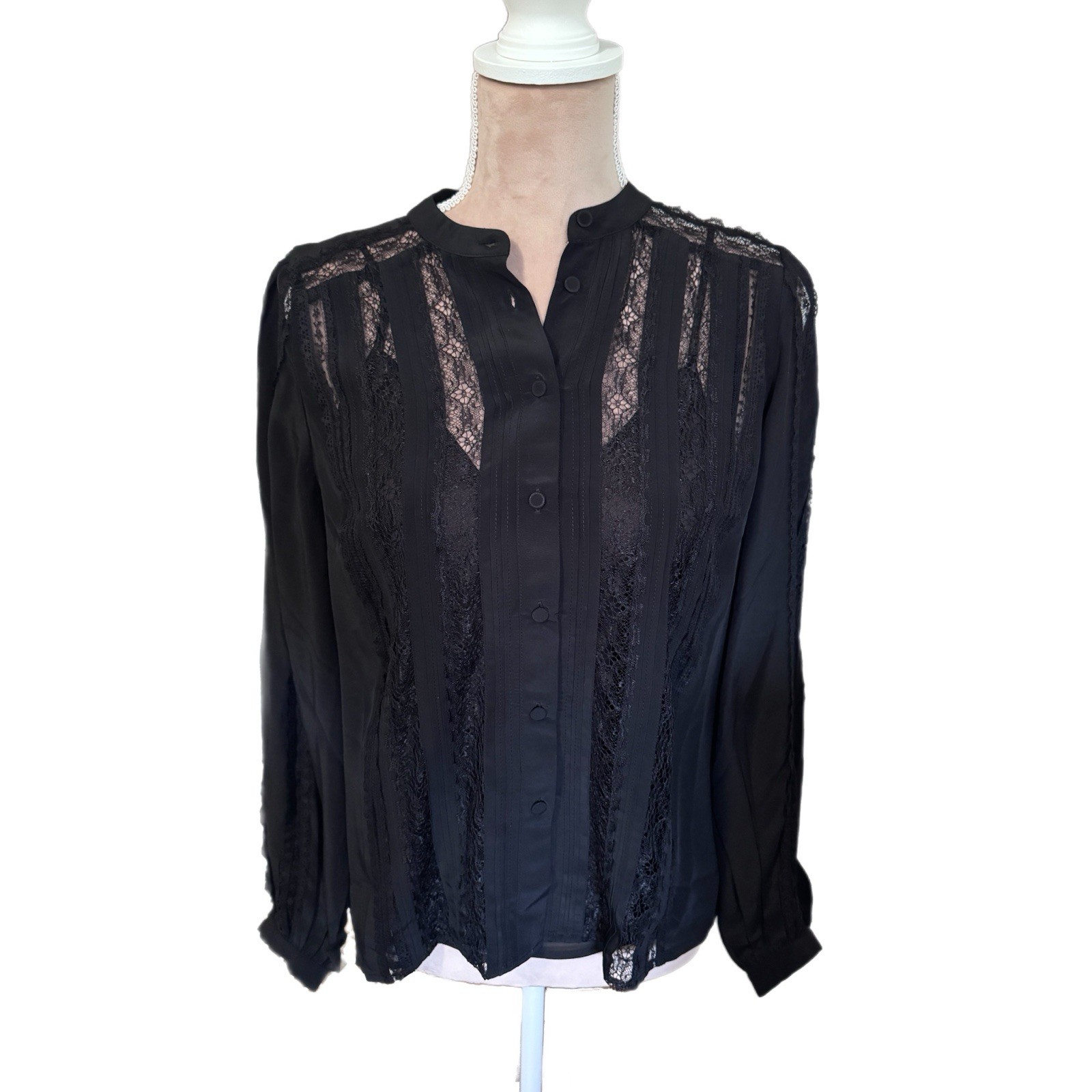 Madewell Lace-Insert Button-Up Long Sleeve Top Black Women Size Small NY338 New