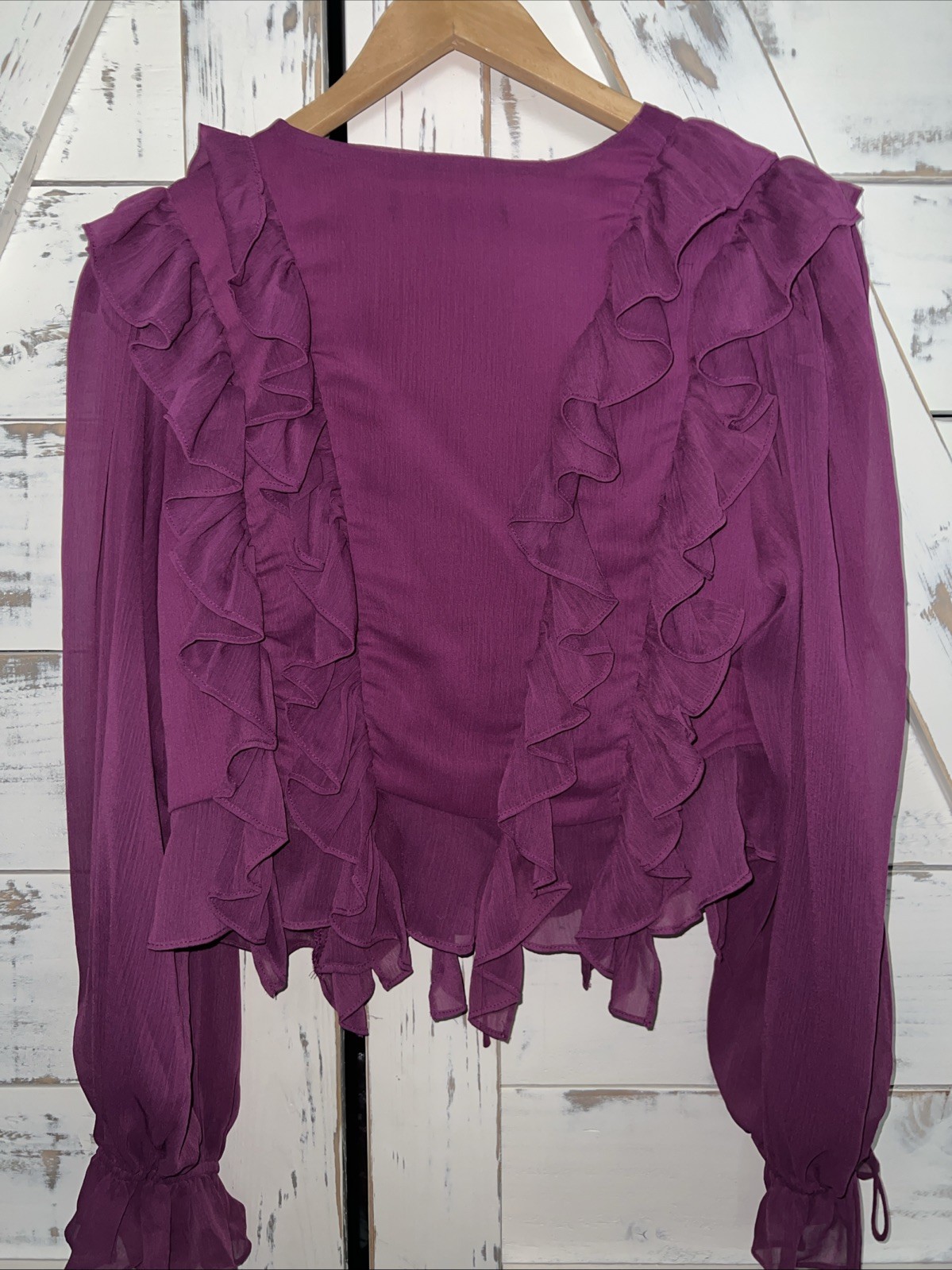 Endless Rose Shirt Fuschia Pink Tie Front V Neck Ruffle Bell Slv Sheer Sz L NWOT