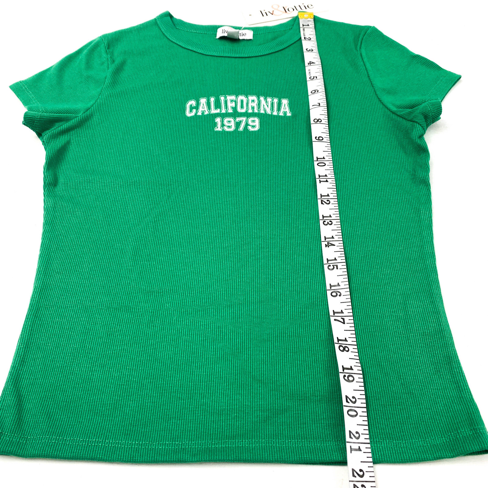 Liv & Lottie Womens Juniors Size L Rib Tee ‘California 1979’ Green