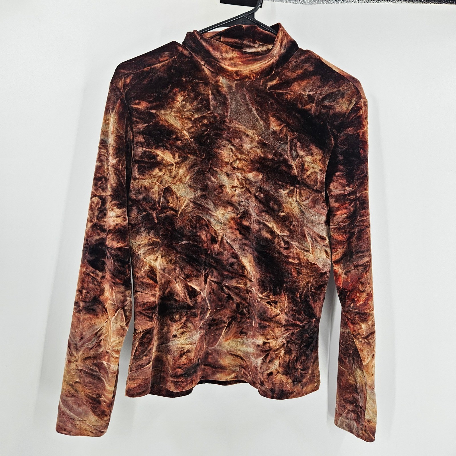 Vintage y2k Como Burnout Velvet Top Brown Abstract Mock Neck Long Sleeve Size M