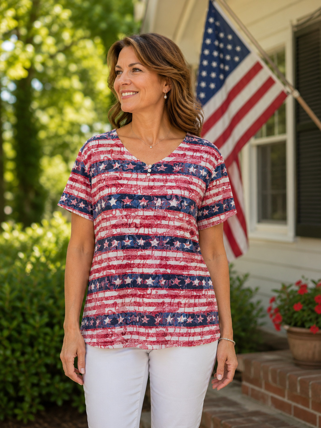 Coral Bay blouse top Size PL short sleeve patriotic flamingos star stripe V neck