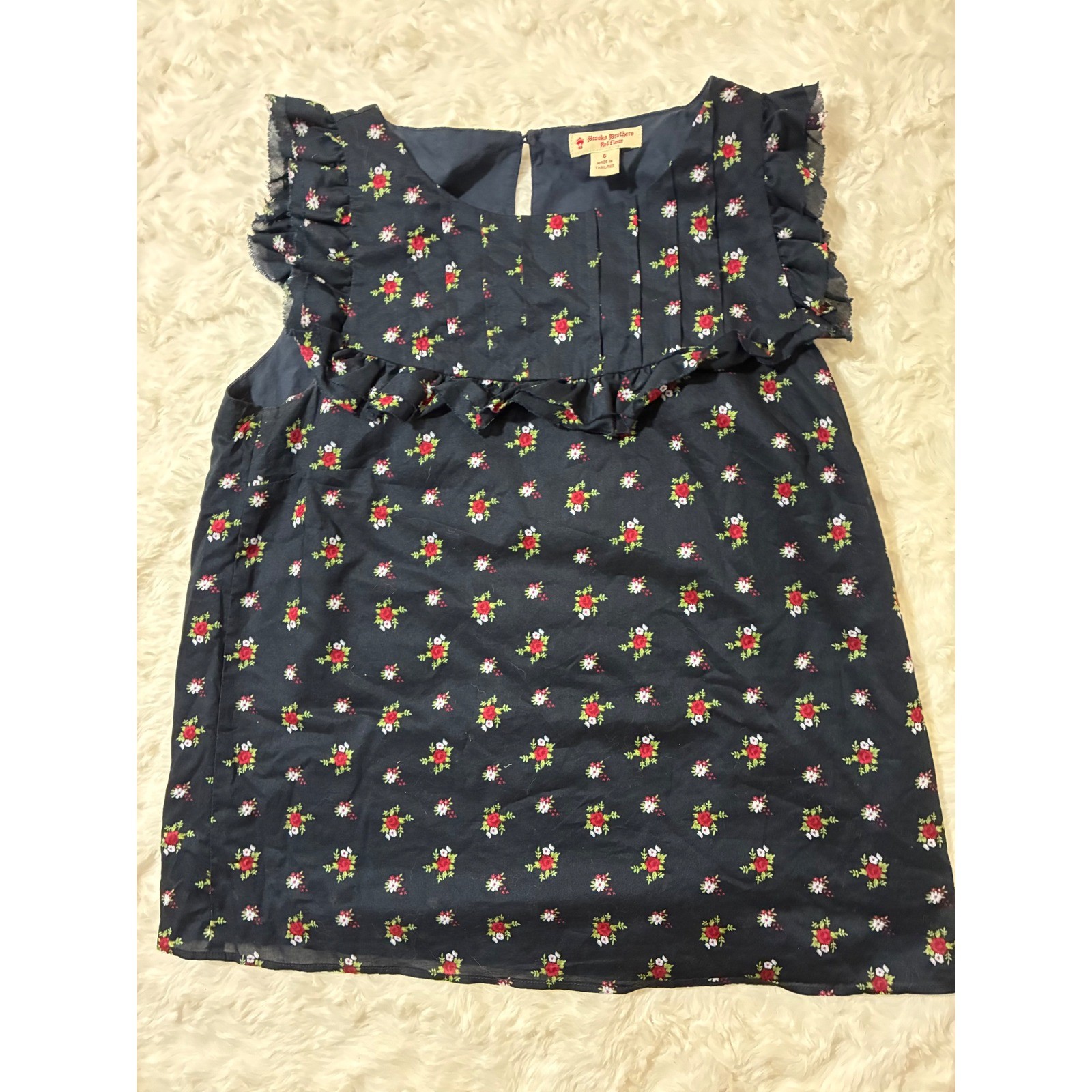 Brooks Brothers Red Fleece Navy Floral Ruffle Sleeveless Blouse Top Size 6