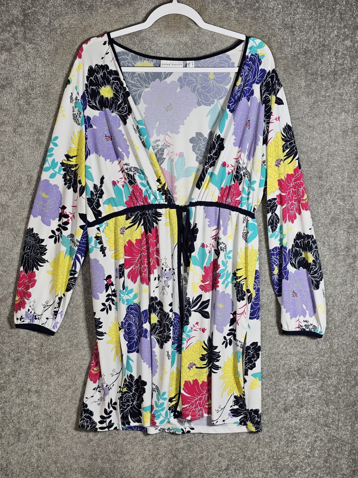 Susan Graver Mid Length Tie Front Cardigan Top Womens Sz M Purple Floral Stretch