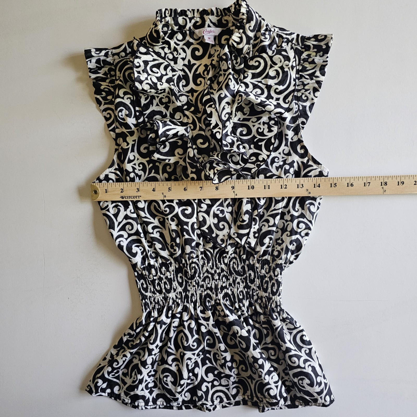 CANDIES Ruffle Blouse M Black White Damask Scroll Print Y2K Office Siren Goth