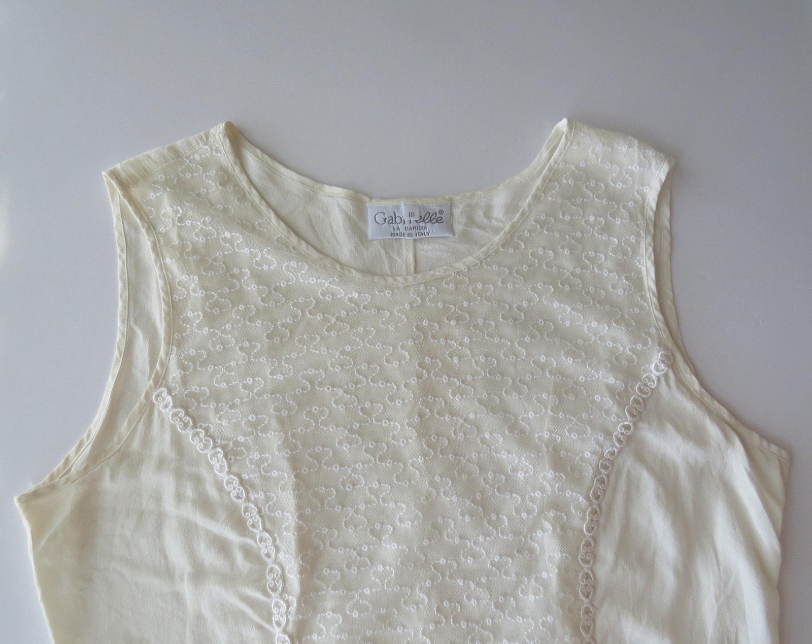 Gabrielle La Camicia Cream Silk Blend Top with Mesh Embroidery, Made in Italy