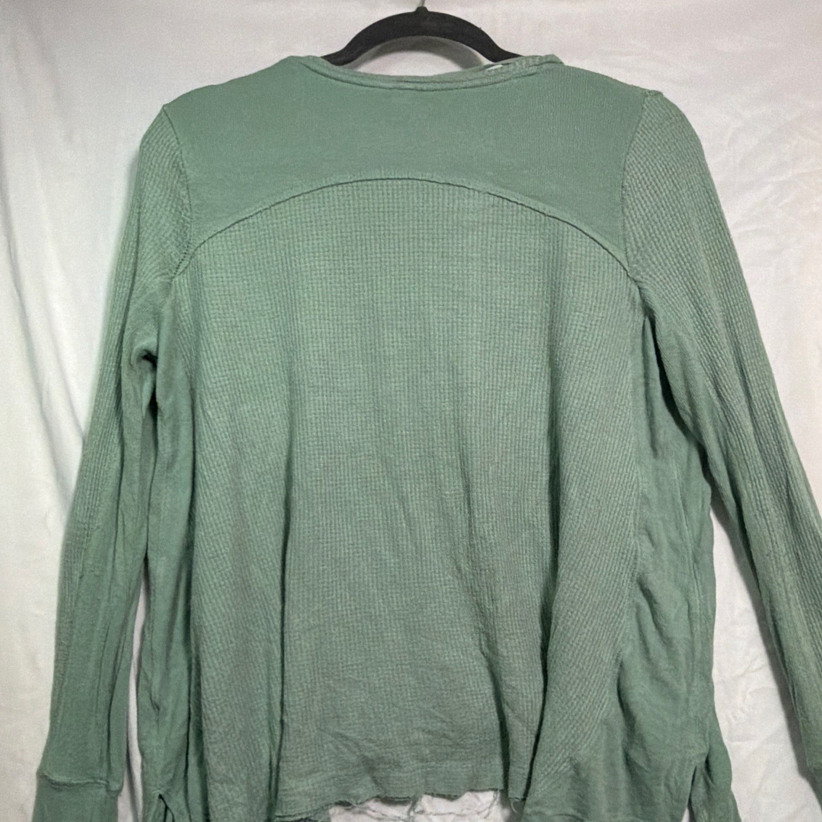 Green Waffle Knit Scoop Neck Ruffle Long Sleeve Top