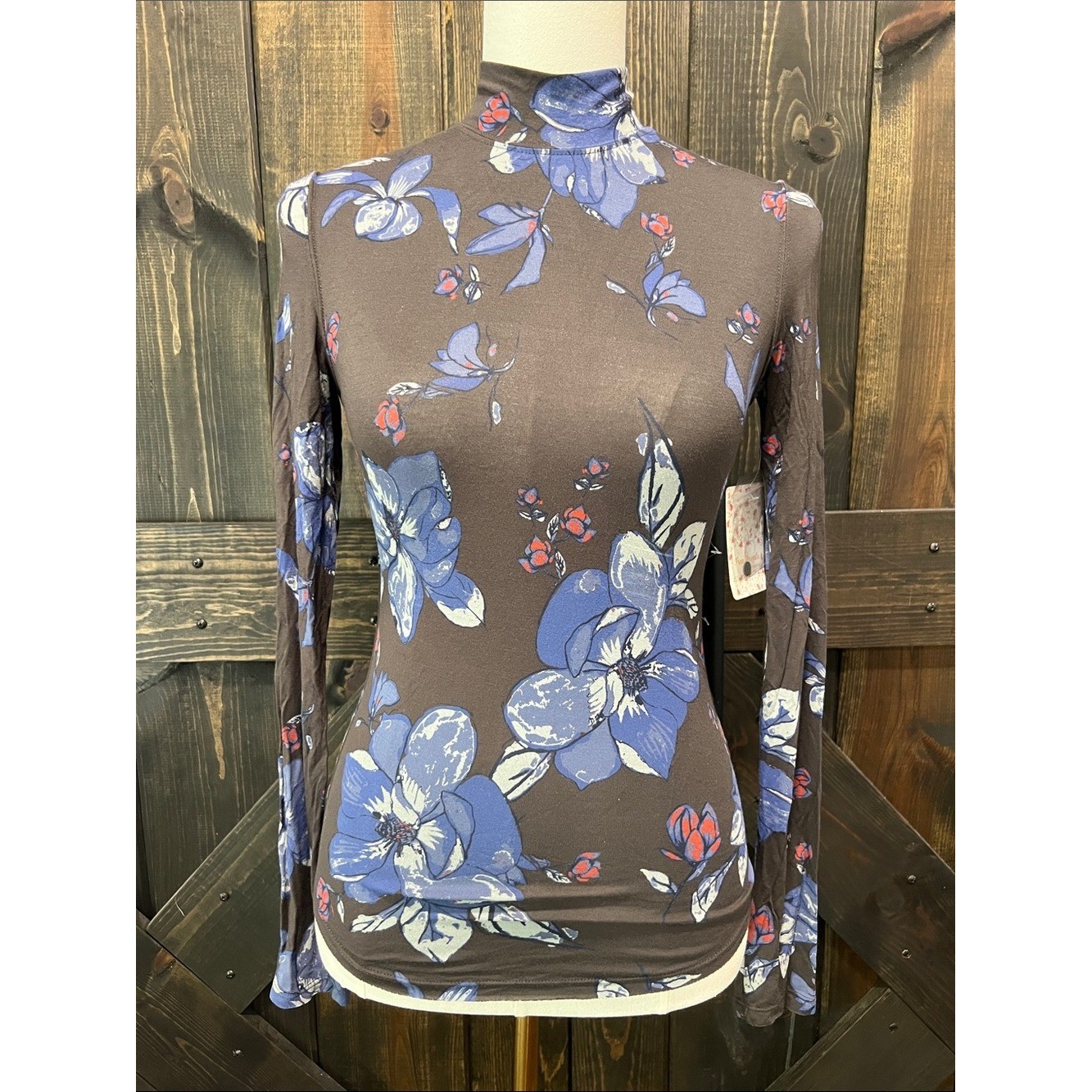 Free People Floral Mock Turtleneck Top XS Button Back Black Multi Mesh Boho NWT