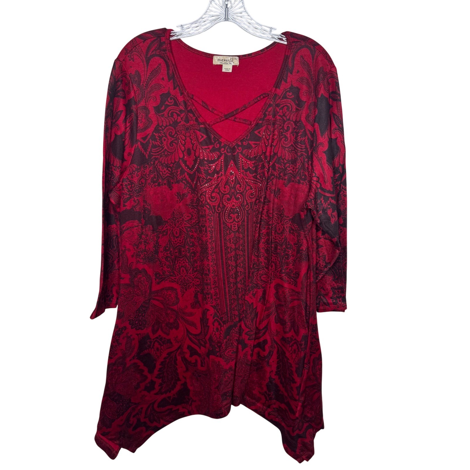 Oneworld Red Black Paisley Print Lattice Neck Tunic Top XL