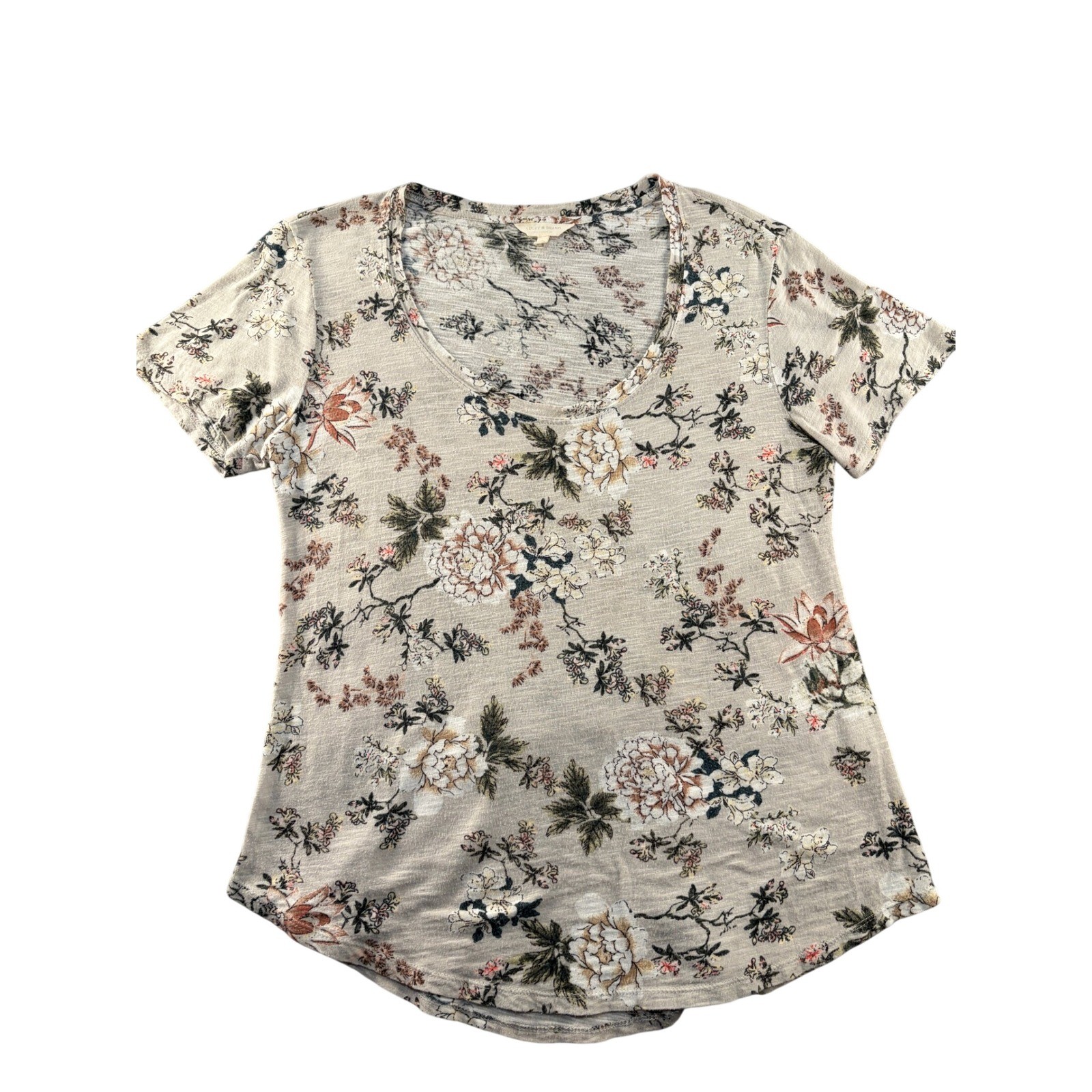 Lucky Brand Womens Grey Floral Slub Knit Scoop Neck Short Sleeve T-Shirt Small