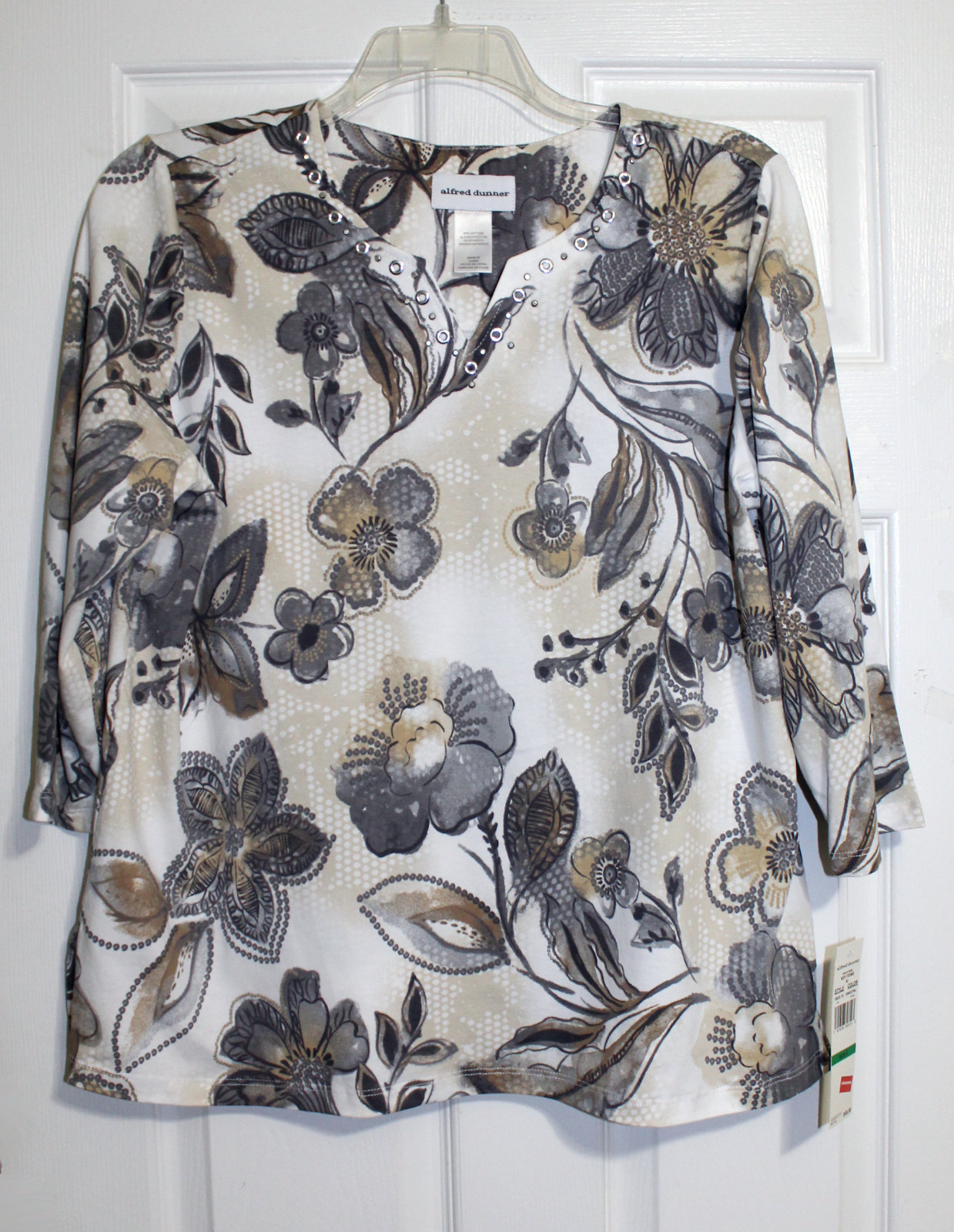 Alfred Dunner XL Brown Ivory Notch Neck Floral Shirt Top NWT