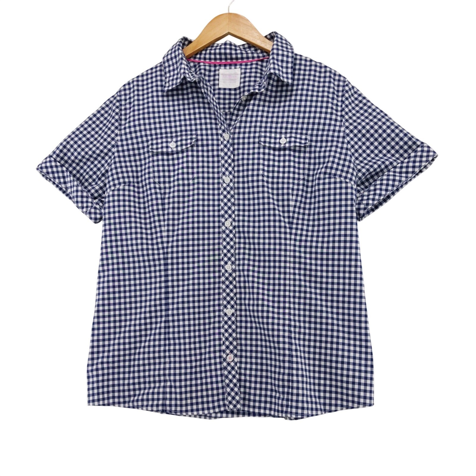 LL Bean Button Down Shirt Womens L Blue Gingham Plaid Short Sleeve Cotton