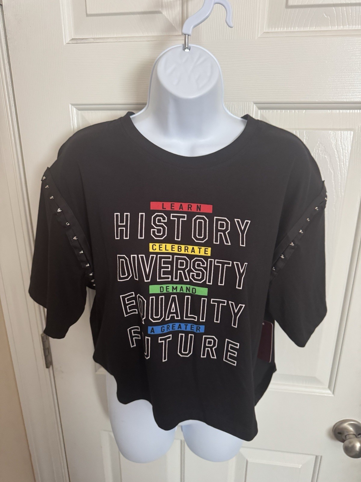 History Diversity Equality Future Womens Black Blouse Eye & Hook Juneteenth NWT