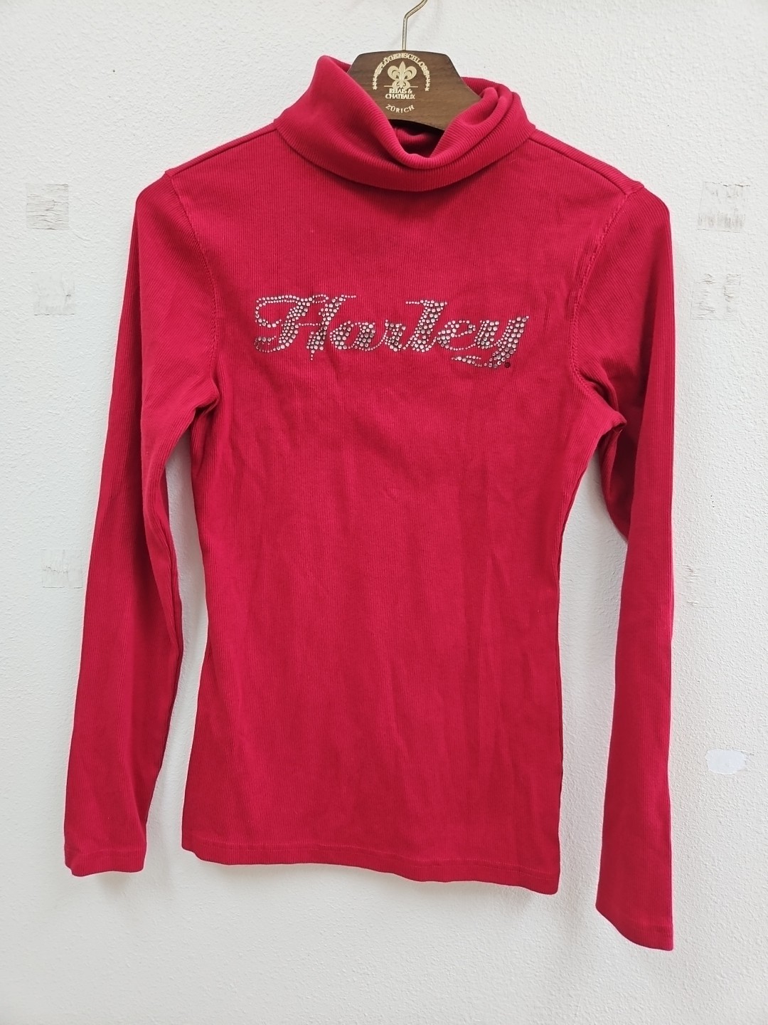 Harley Davidson Rhinestone Turtleneck Rib Long Sleeve Turtleneck Stretchy Red M