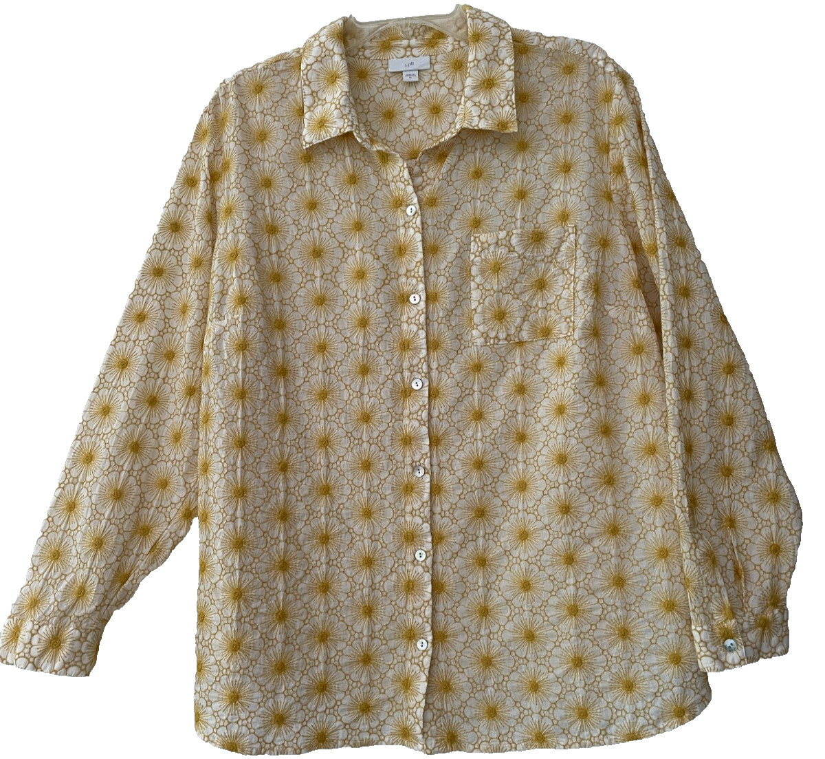 J Jill Embroidered Sunshine Button Up Shirt Sz XL Yellow Long Sleeve One Pocket