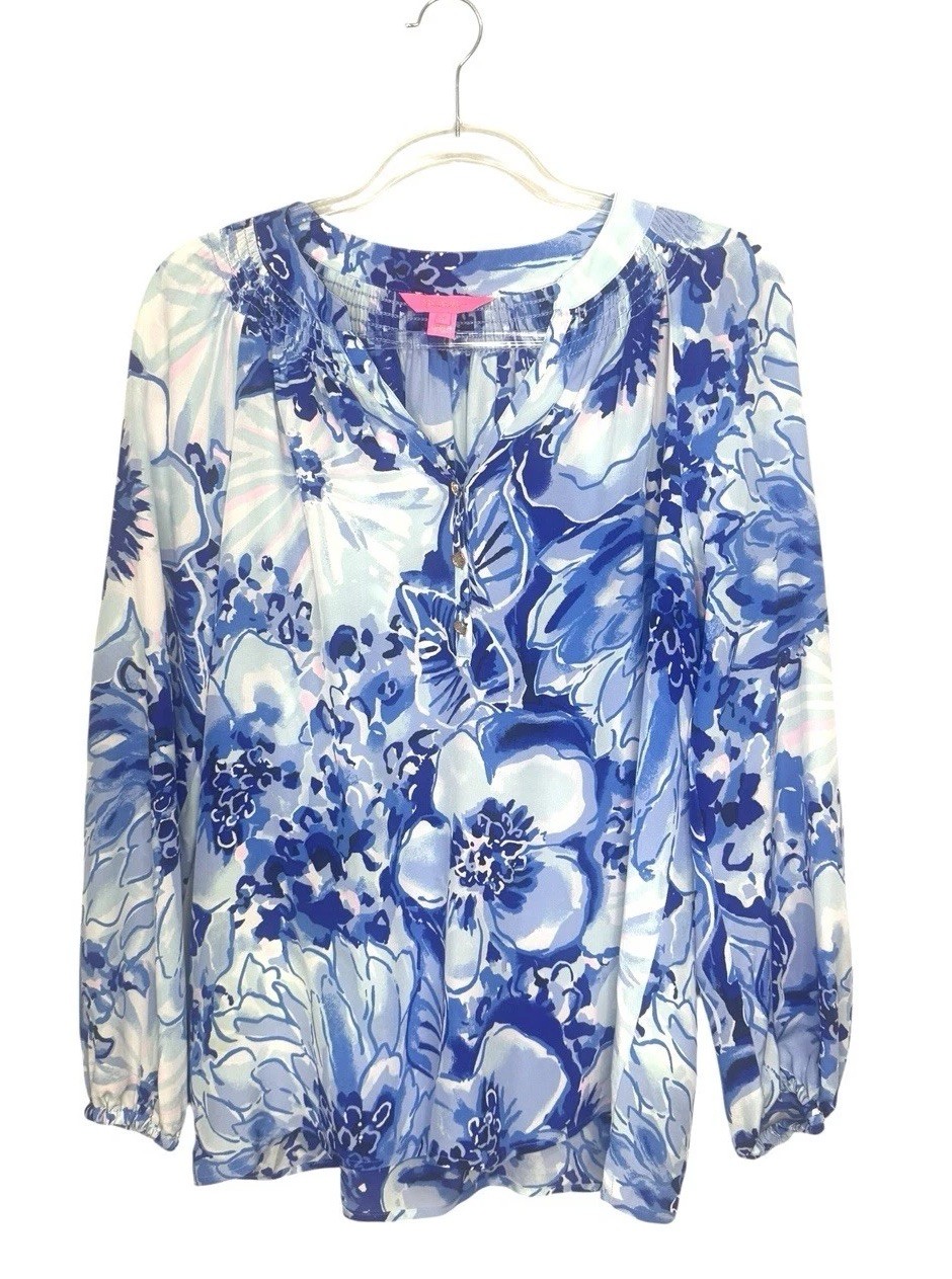Lilly Pulitzer Elsa Silk Peasant Blouse Size M Tropical Floral Gold Buttons