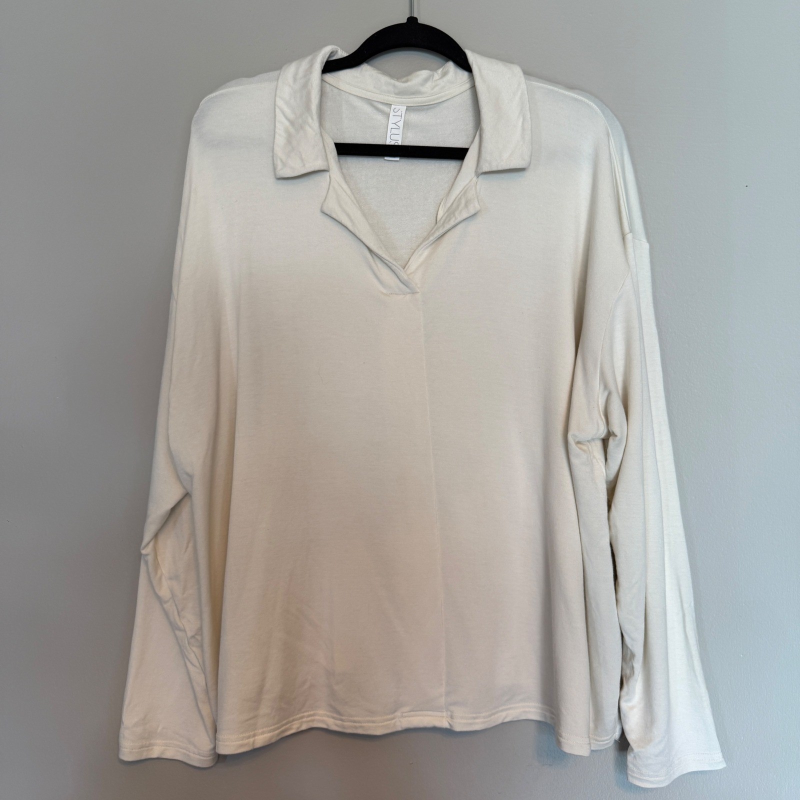 Stylus Women’s Cream Collared Long Sleeve Pullover Soft Neutral Layering Top 2X