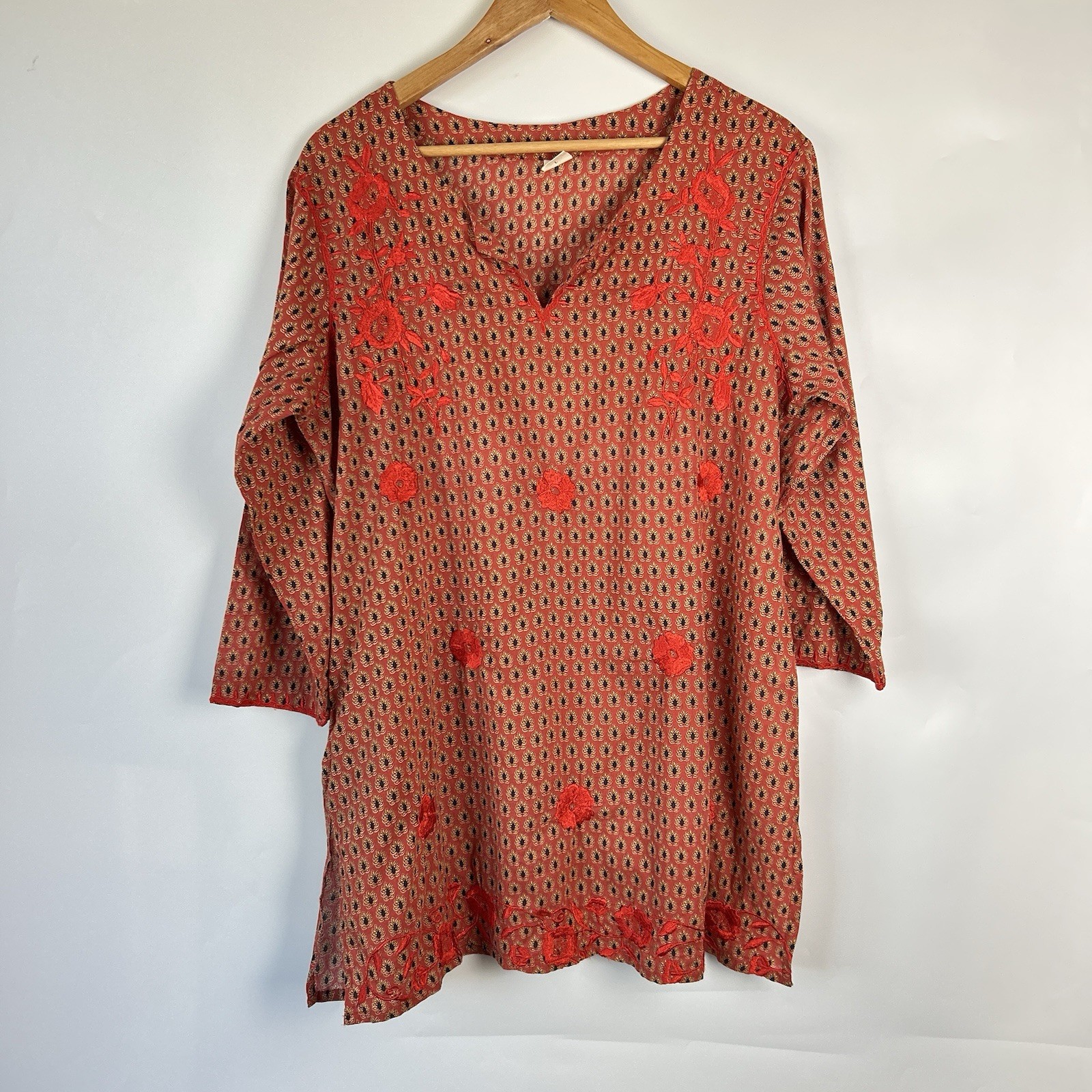 Culture Vulture Indian Cotton Block Print Tunic Blouse Retro Boho Hippy L