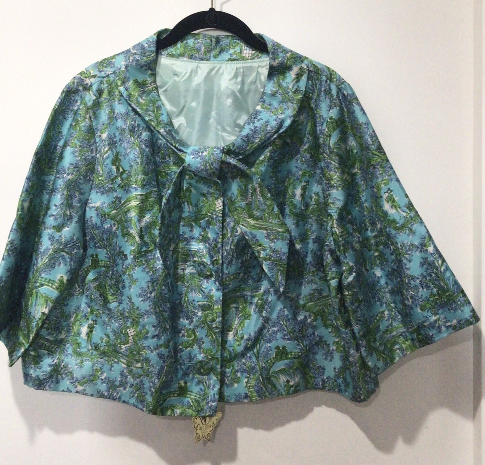 NOS Vtg 60’s Silk Sash Collar Boxy Turquoise Floral Short Sleeve Blouse L