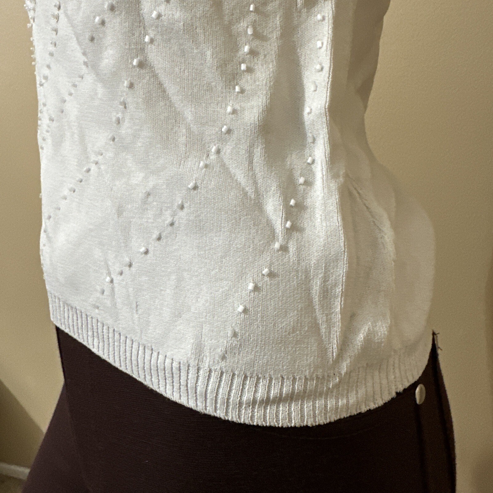 Women’s White Nylon Acrylic Casual Summer Stretch Slim Beaded Size S/M Blouse