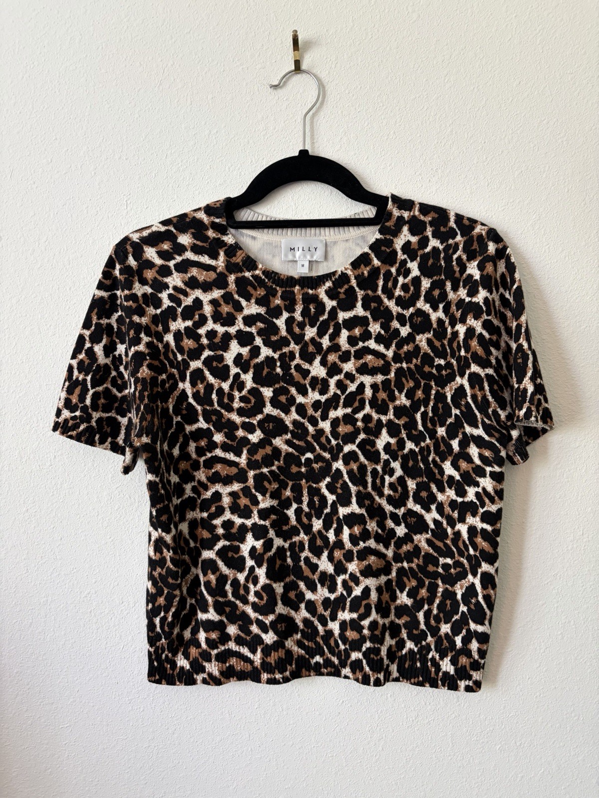 Milly Brown/Black Leopard Animal Print Knit Round Neck Short Sleeve Top M