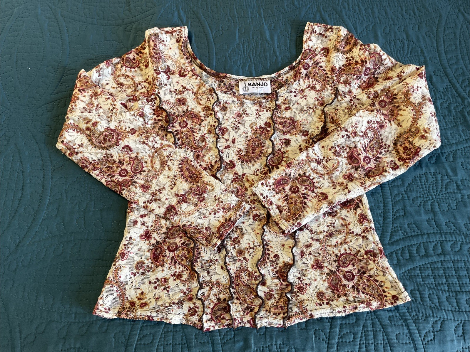 VTG 80’s 90’s Banjo Dallas Texas Womens Long Sleeve Top Floral Lace Small