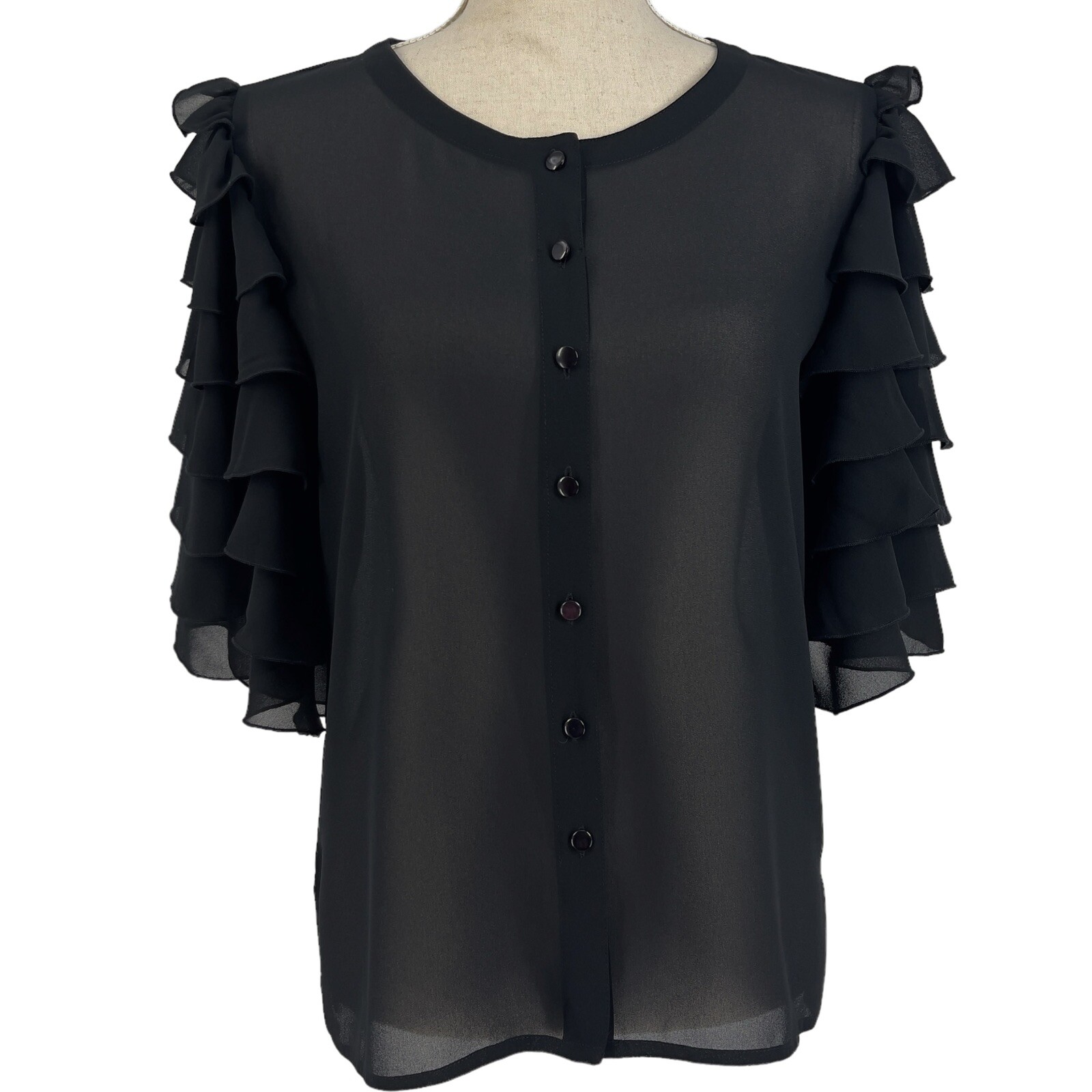 Vintage Blouse King James California Womens Ruffle Sleeve Sheer Button Up S M