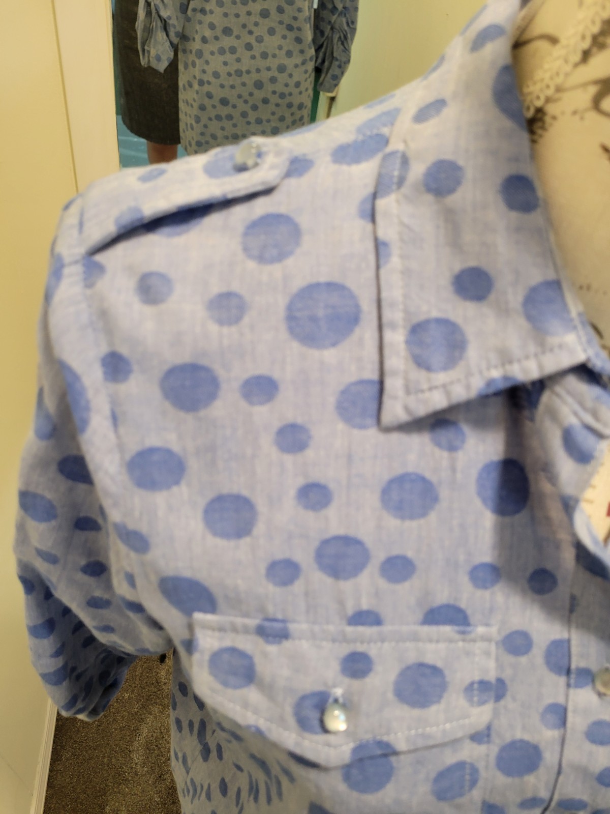 Jade Melody Tam Blue Polka Dot Button-Up Collared 3/4 Sleeve Tunic Cotton M