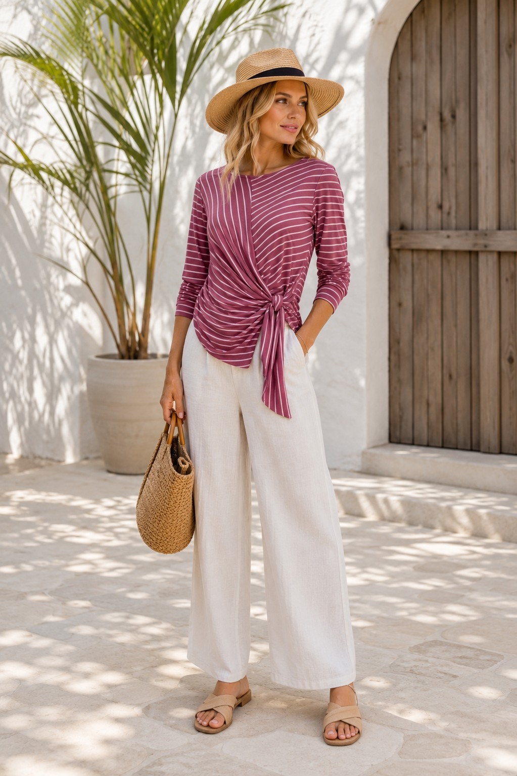 Oddy USA Pink Striped Tie Front Top Womens S Long Sleeve Resort Boho Blouse
