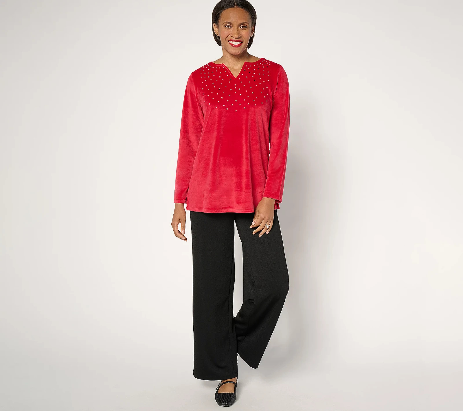 Quacker Factory Sparkle & Shine Split Neck Long sleeve Velour Tunic Ruby, L 828G