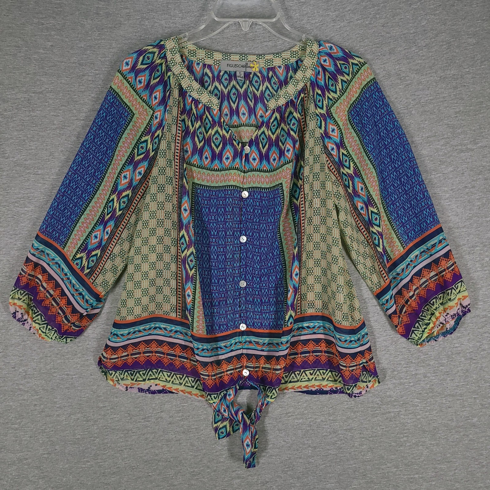 Figueroa & Flower Blouse Womens Small Multicolor Boho Peasant Top Tie Front