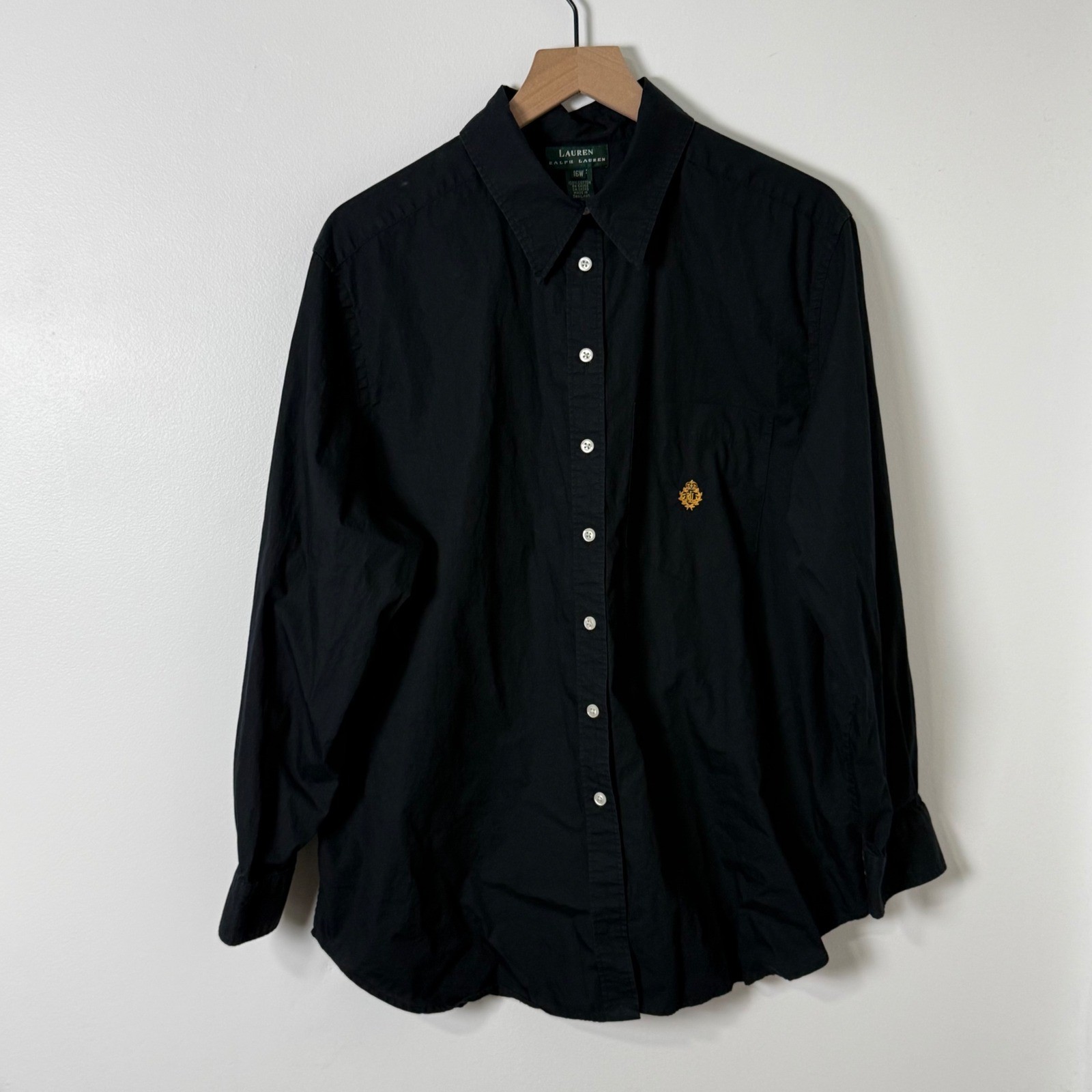 Lauren Ralph Lauren Button Up Women 16W Black Crest Logo Cotton Old Money Preppy