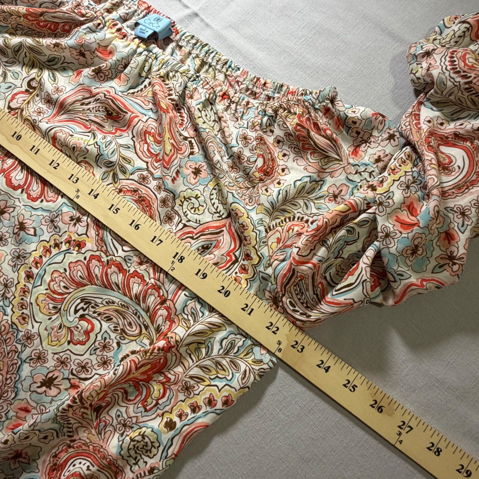 CeCe Womens Paisley Floral Off Shoulder Ruffle Sleeve Tie Hem Blouse Large Coral