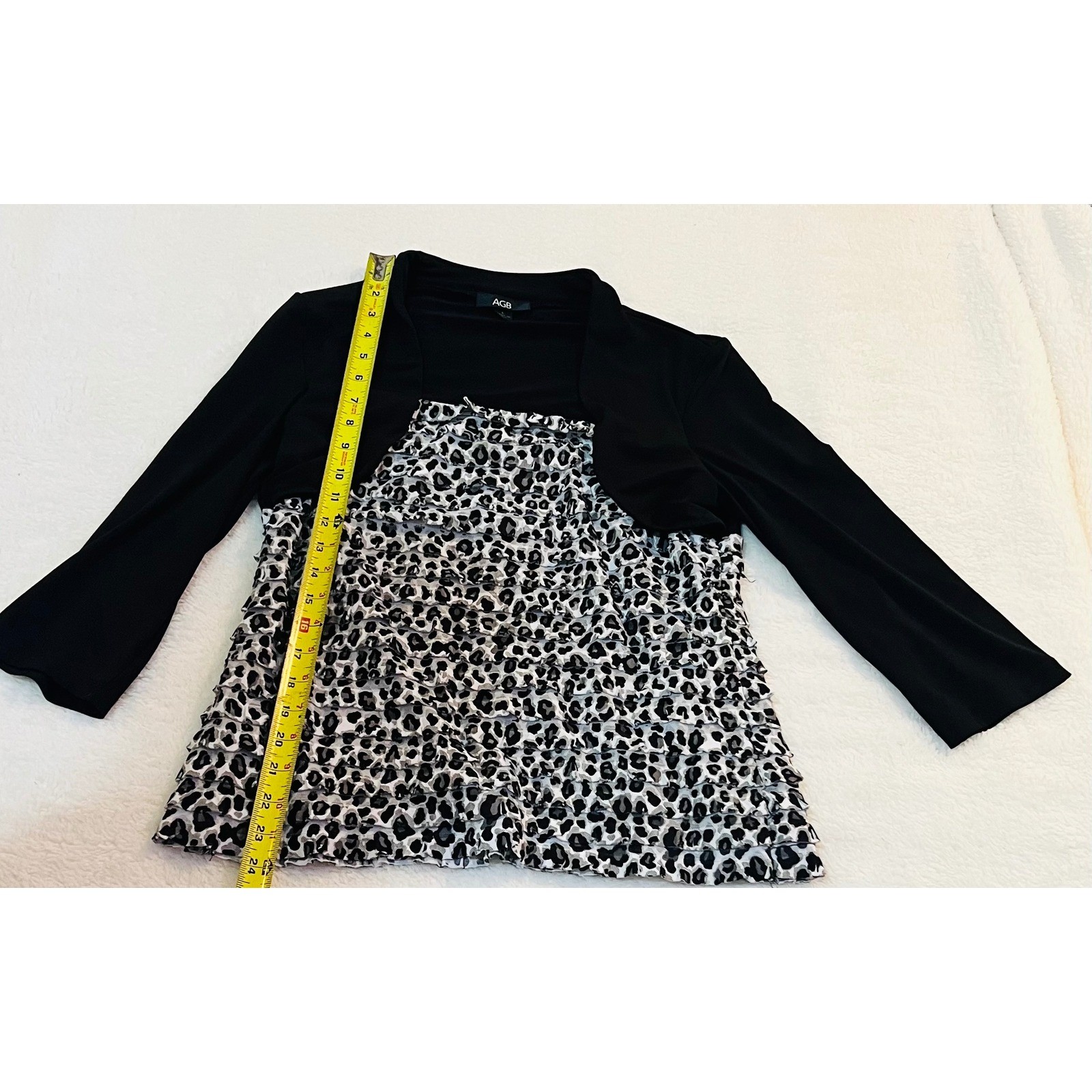AGB Womens Leopard Print Tiered Ruffle Top Black Shrug Layered Look Size L