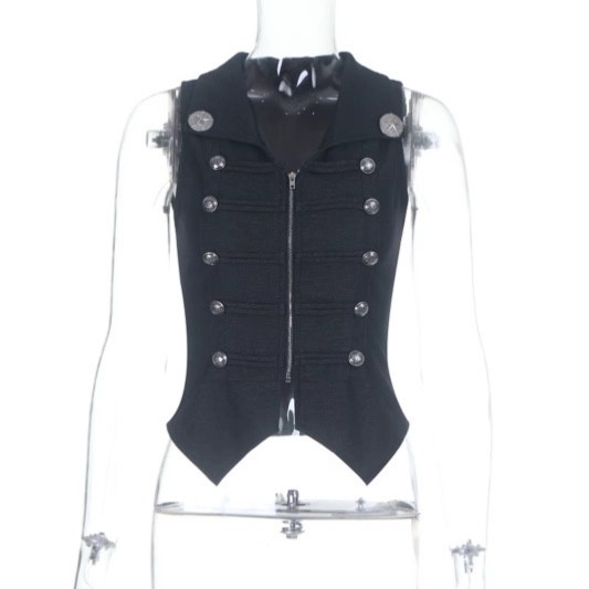Washed Black Gothic Punk Vest with Silver Buttons & Zipper | GOTH TOP 🔥