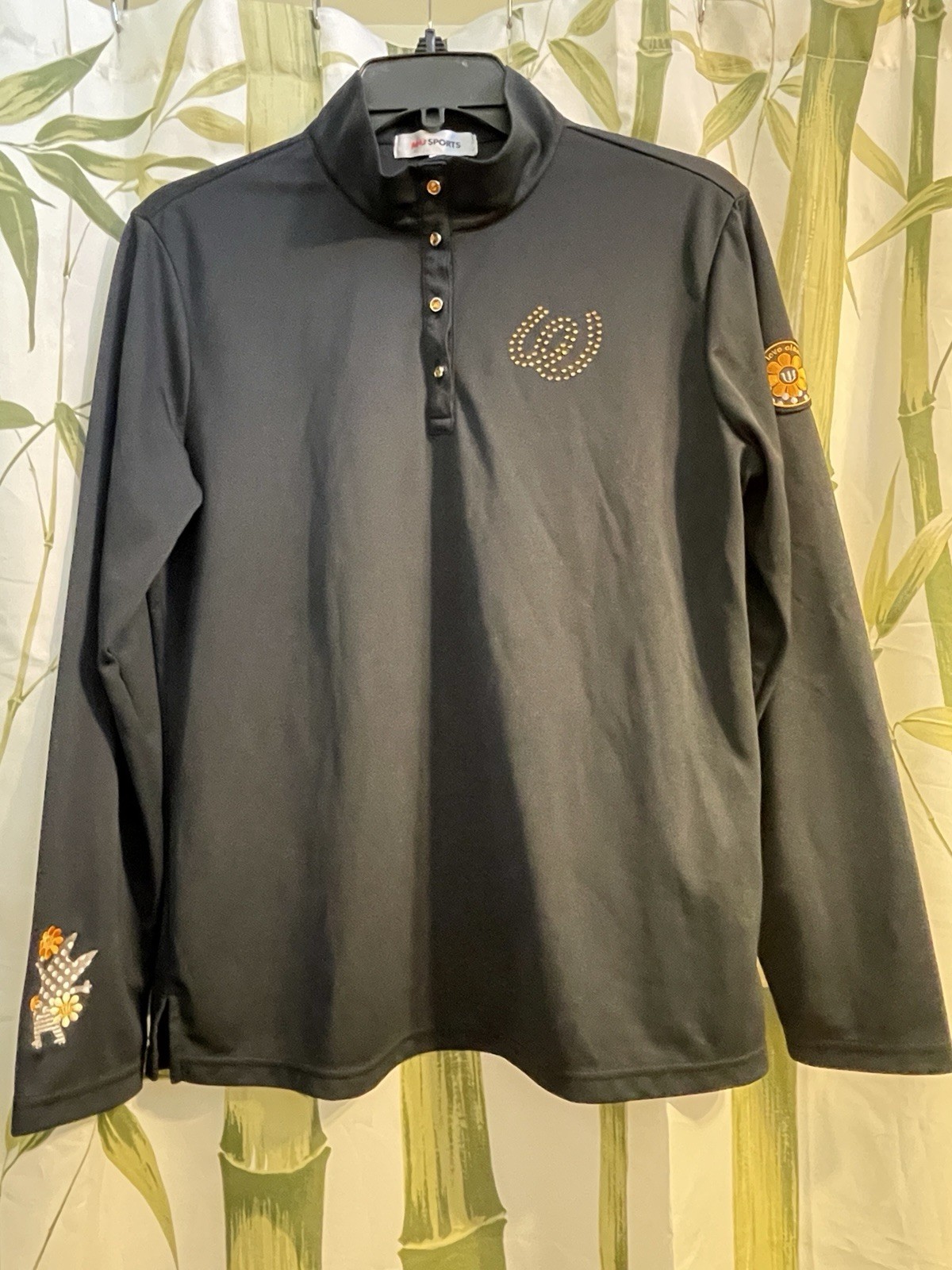 M.U Sports Women’s Black Long Sleeve Golf Blouse Rhinestone Buttons Embroidered