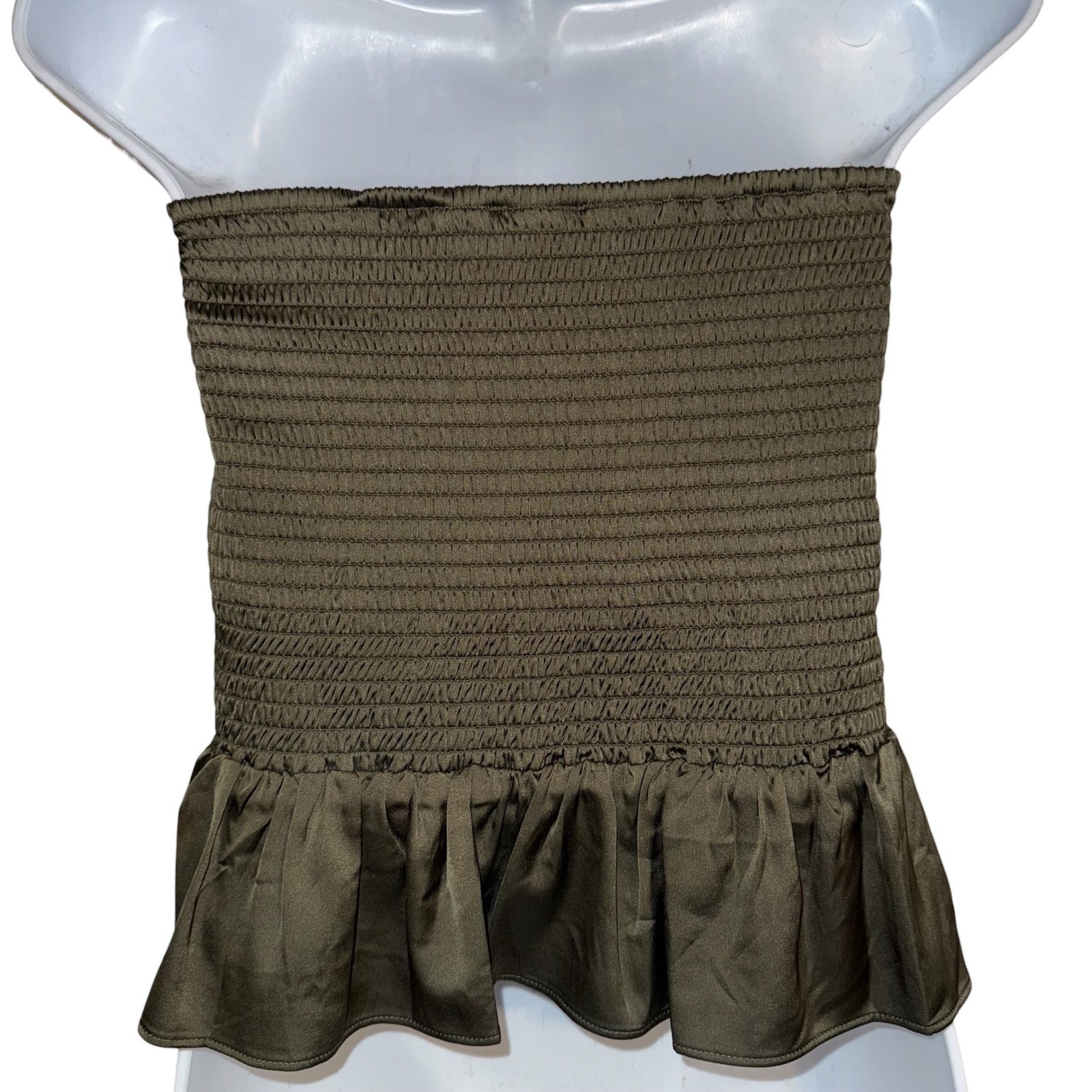 EXPRESS Olive Green Satin Smocked Ruched Strapless Peplum Top Size Large