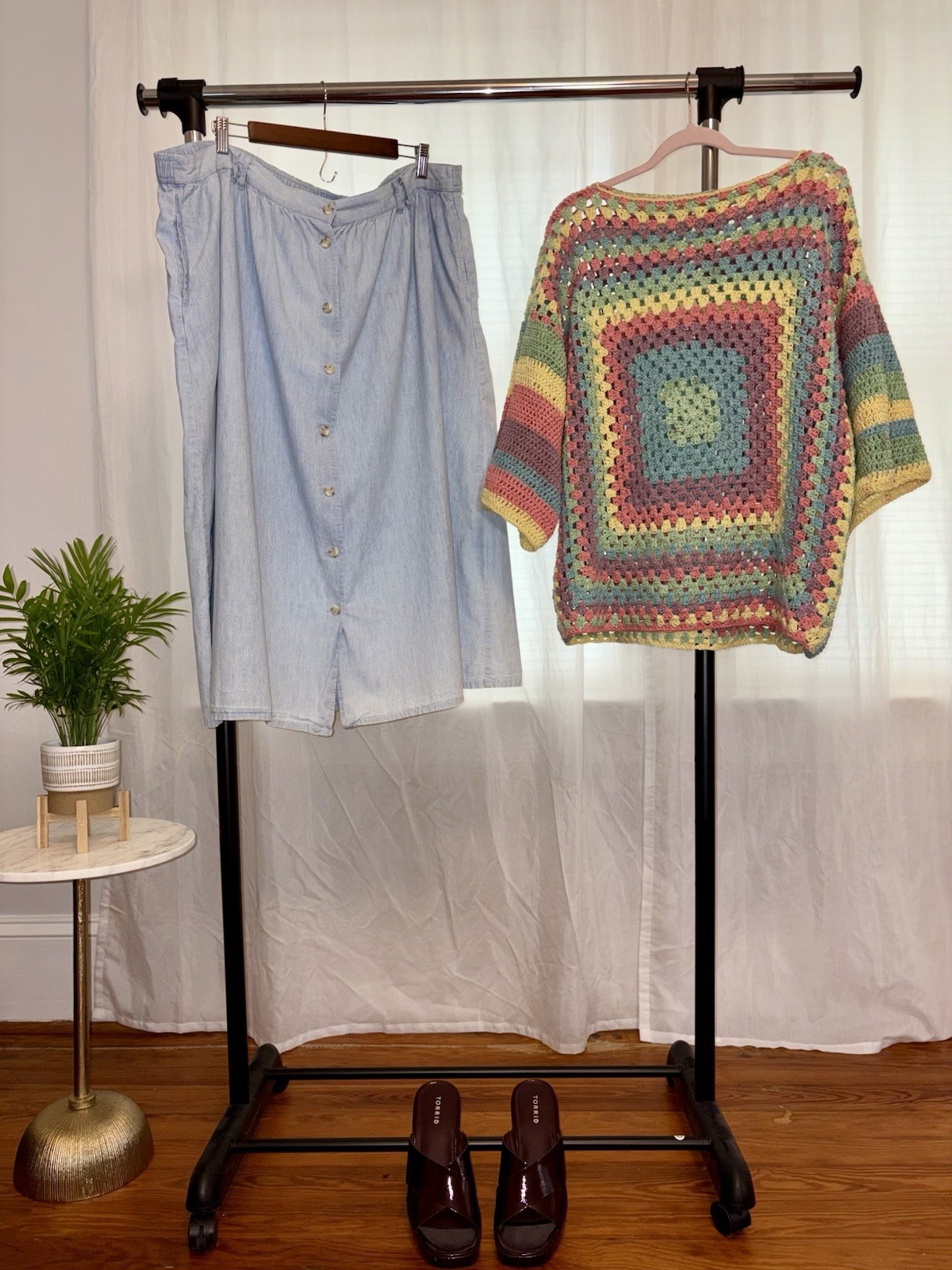 Plus Sz 3X/4X Crochet Granny Top NWT + Vintage Denim Skirt Bundle Wearable Art