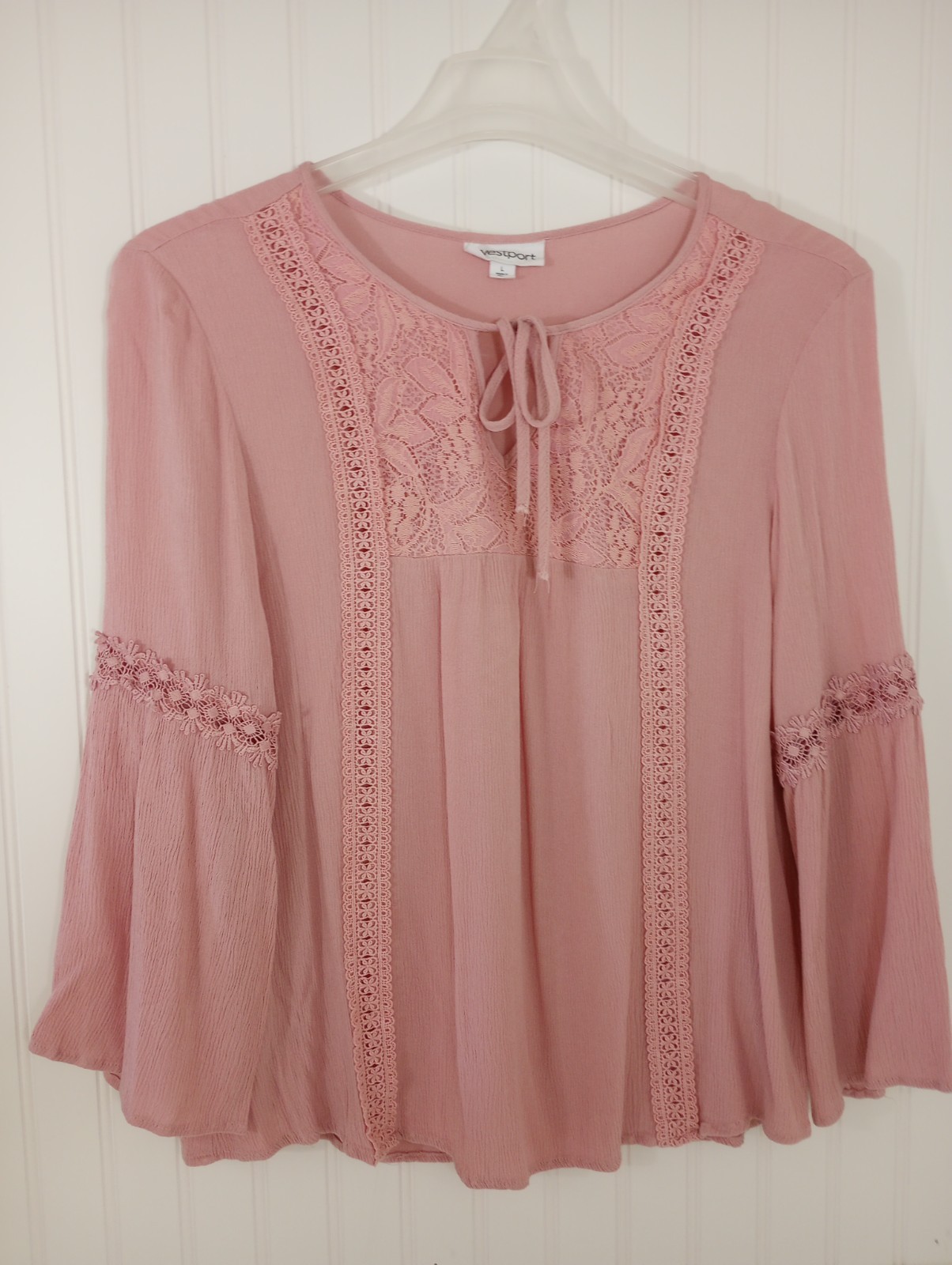 Westport Peasant Top Size L Womens Large Pink Crinkle Lace Pullover Boho Gypsy