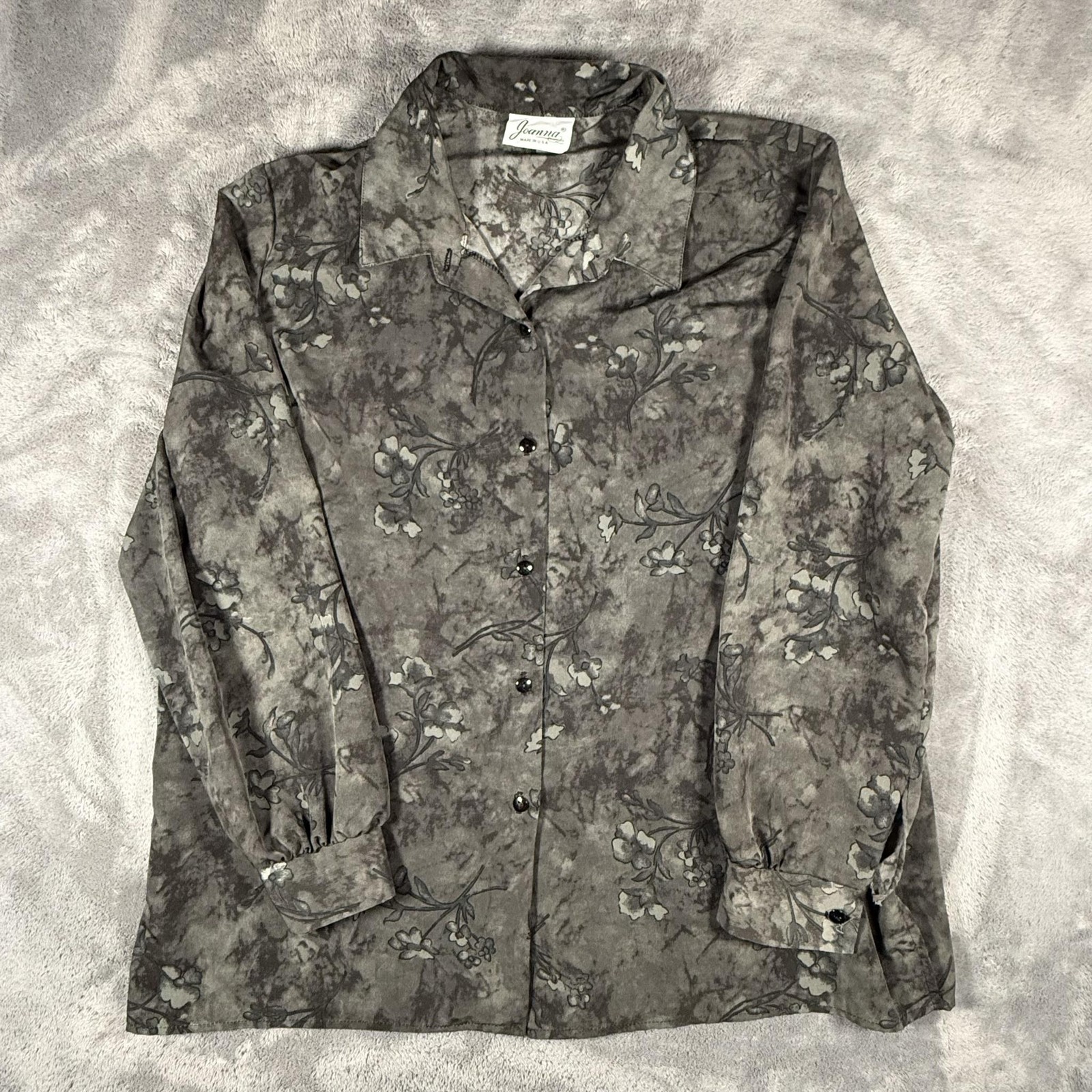Vintage Joanna Long Sleeve Shirt Womens XL Gray Floral Button Up USA Tunic