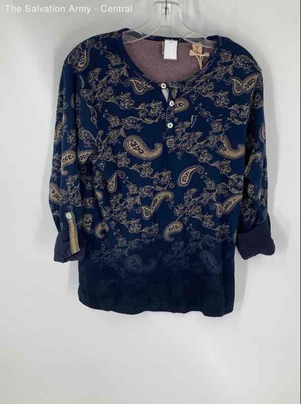Scotch Shrunk Womens Blue Tan Paisley 3/4 Sleeve Pullover Blouse Top Size 14