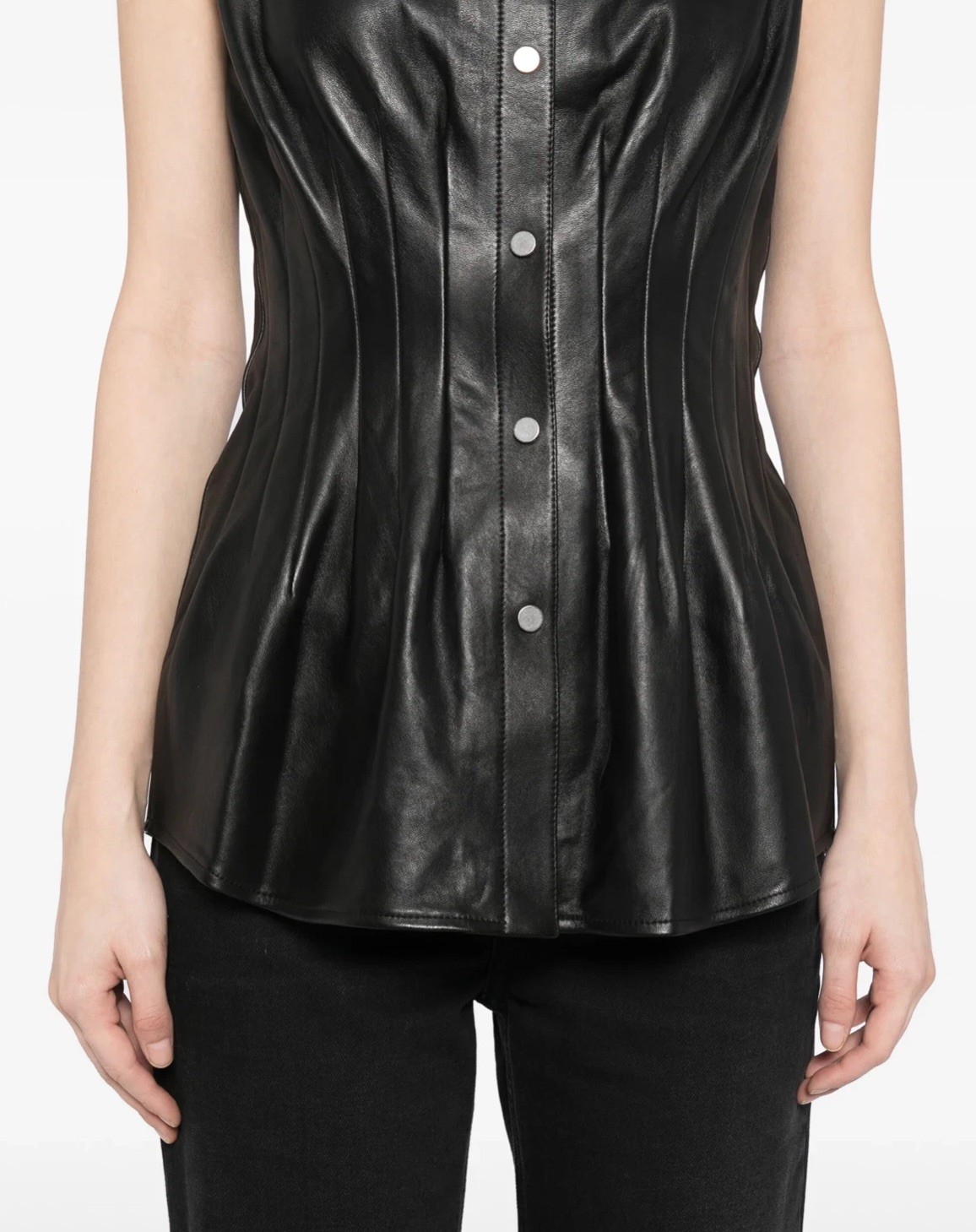 $845 Helmut Lang XS Womens Le Darted Shirt Black Lamb Leather Sleeveless Blouse
