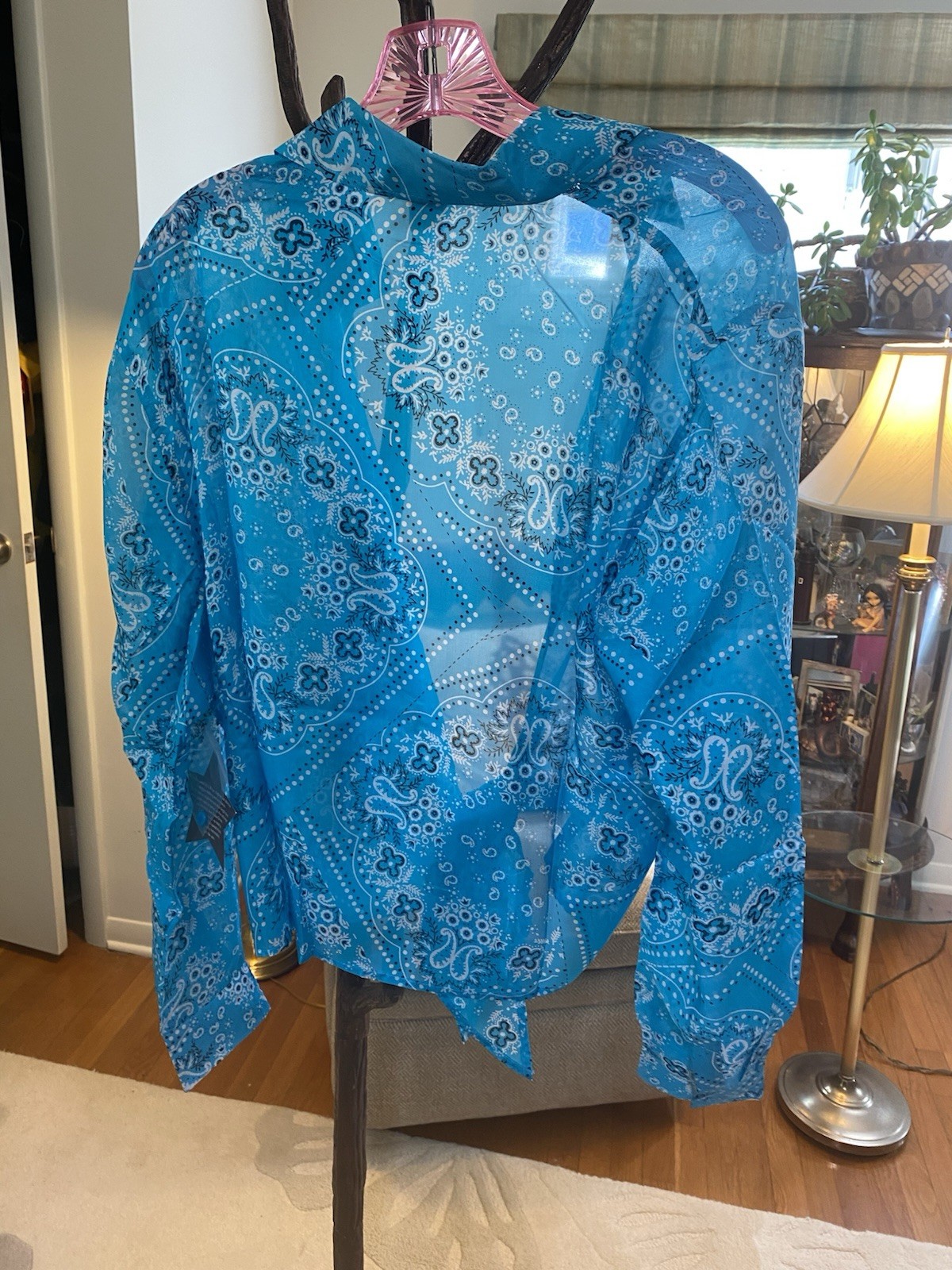 Hot in Hollywood Turquoise Blue Bandanna Pattern Silk Tie Blouse 1X NWT
