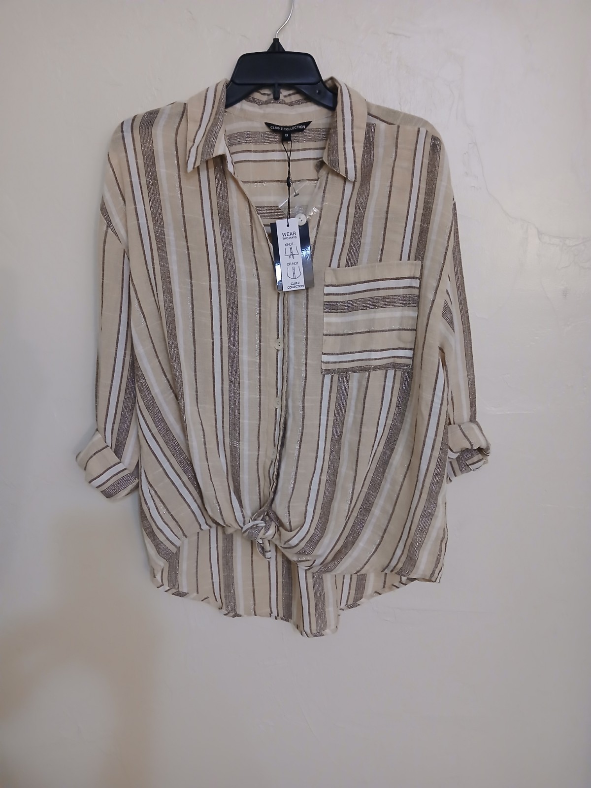 Club Z Collection Women Button Down Beige, Brown, White Striped Shirt 1X NWT