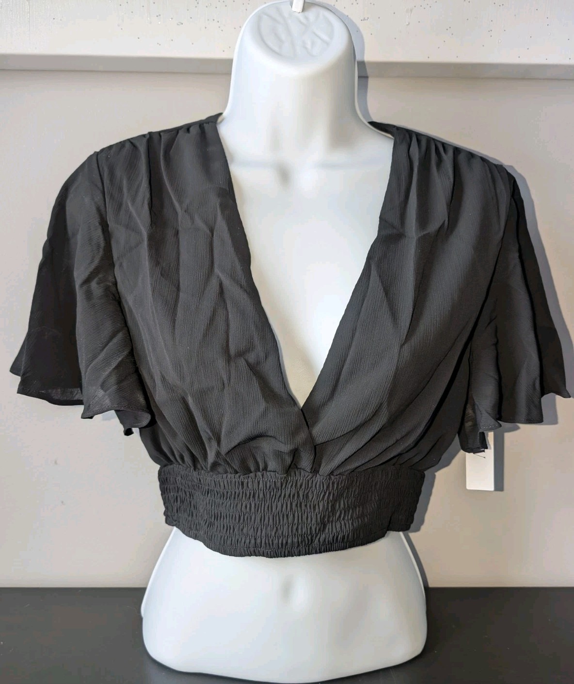 NEW Womens Deep V Neck Shirred Waist Ruffle Short Sleeve Crop Top Blouse X SMALL