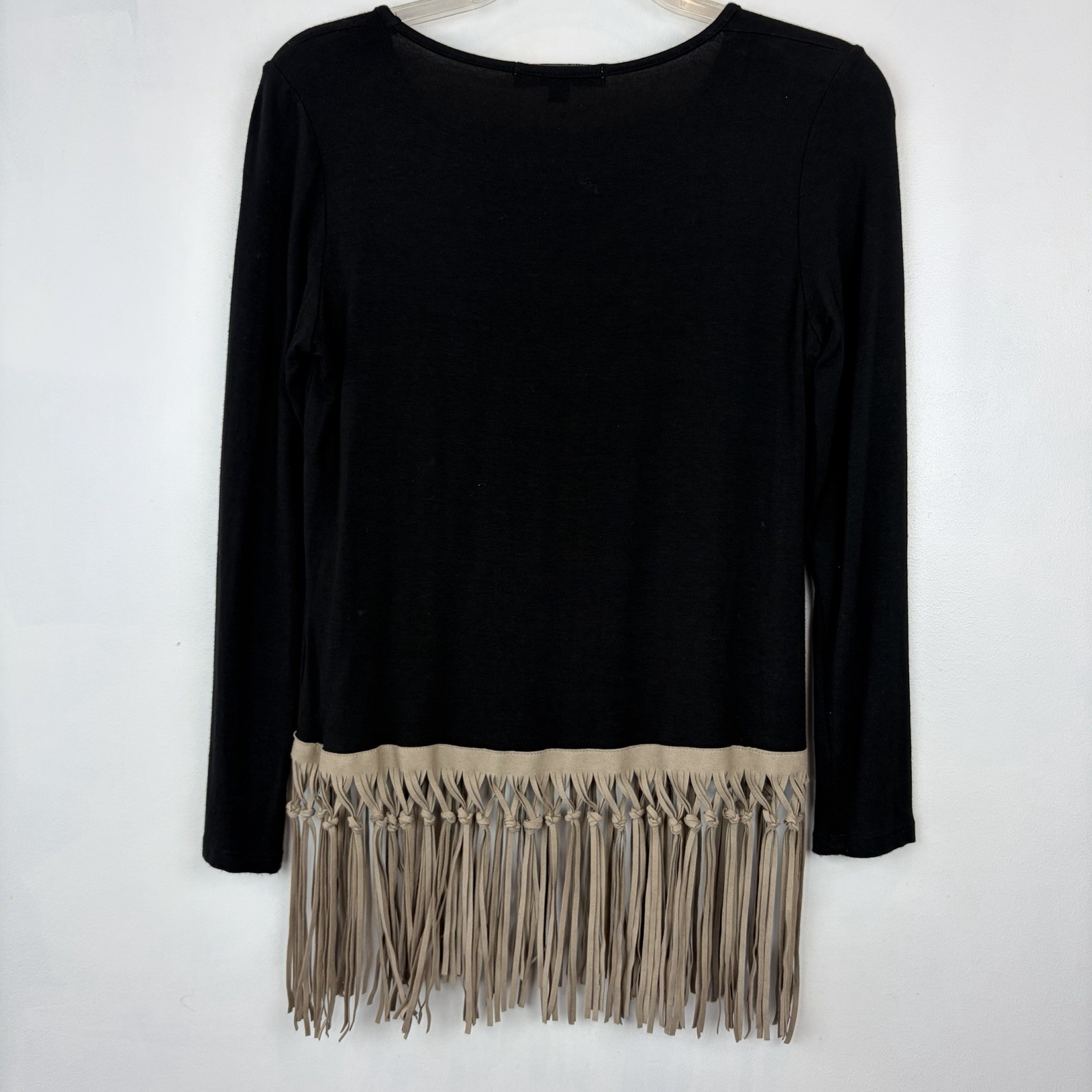 Origami by Vivien Top Womens Medium Black Taupe Suede Fringe Hem Western Boho
