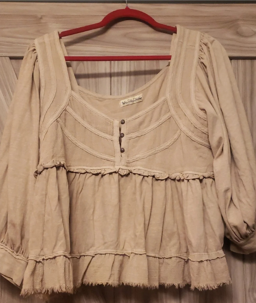 Free People We The Free Shelly Top Distressed Size XL Puff Sleeve Babydoll