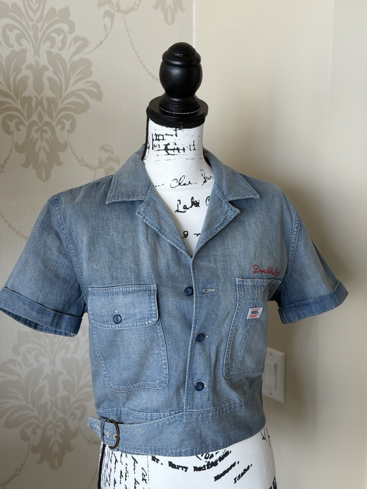 RRL Women’s Blue Denim Short Sleeve Cropped Button-Up Shirt w/ Pockets Size 3