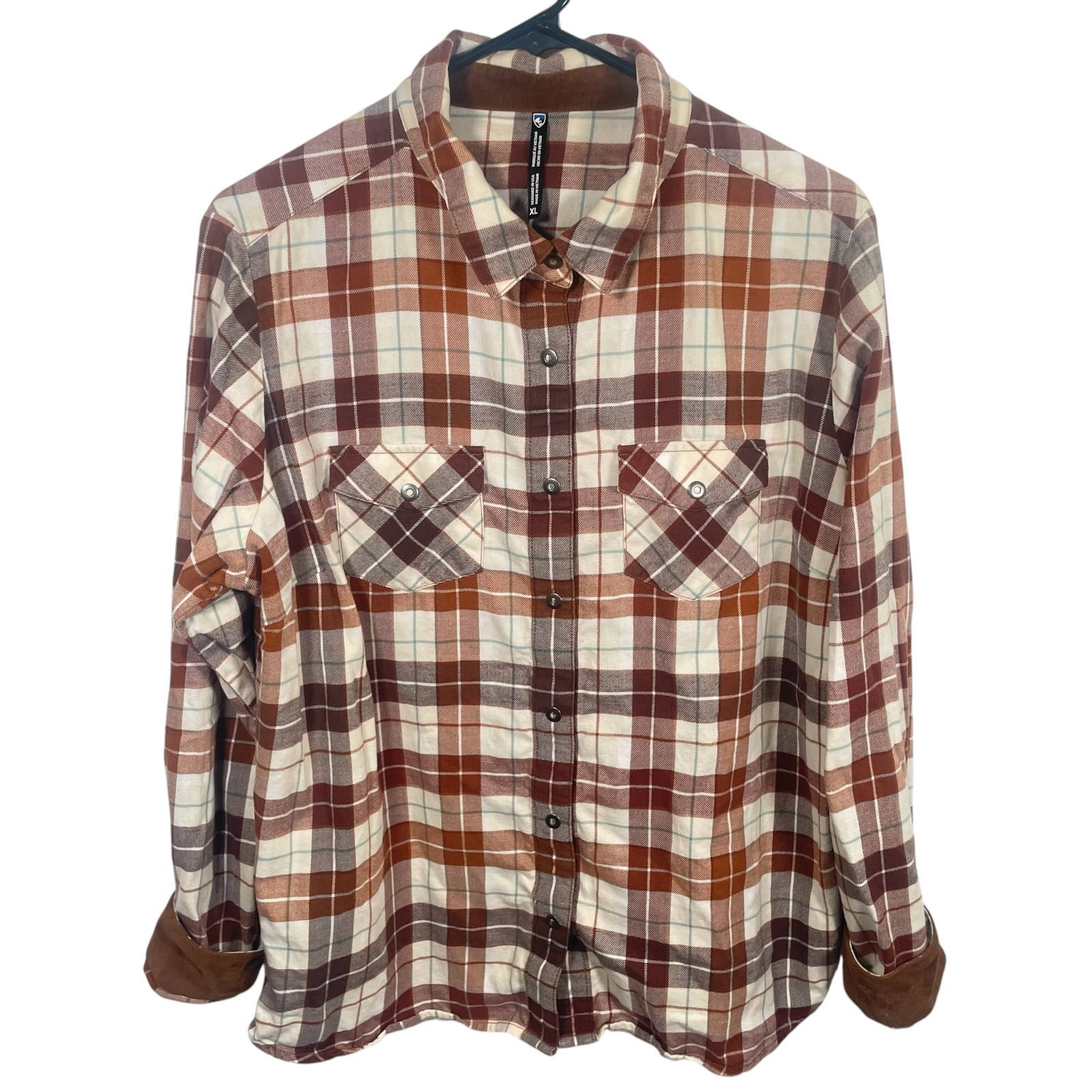 Kuhl Tess Plaid Flannel Womens XL Flip Cuffs Snap Plaid Corduroy Brown 8457
